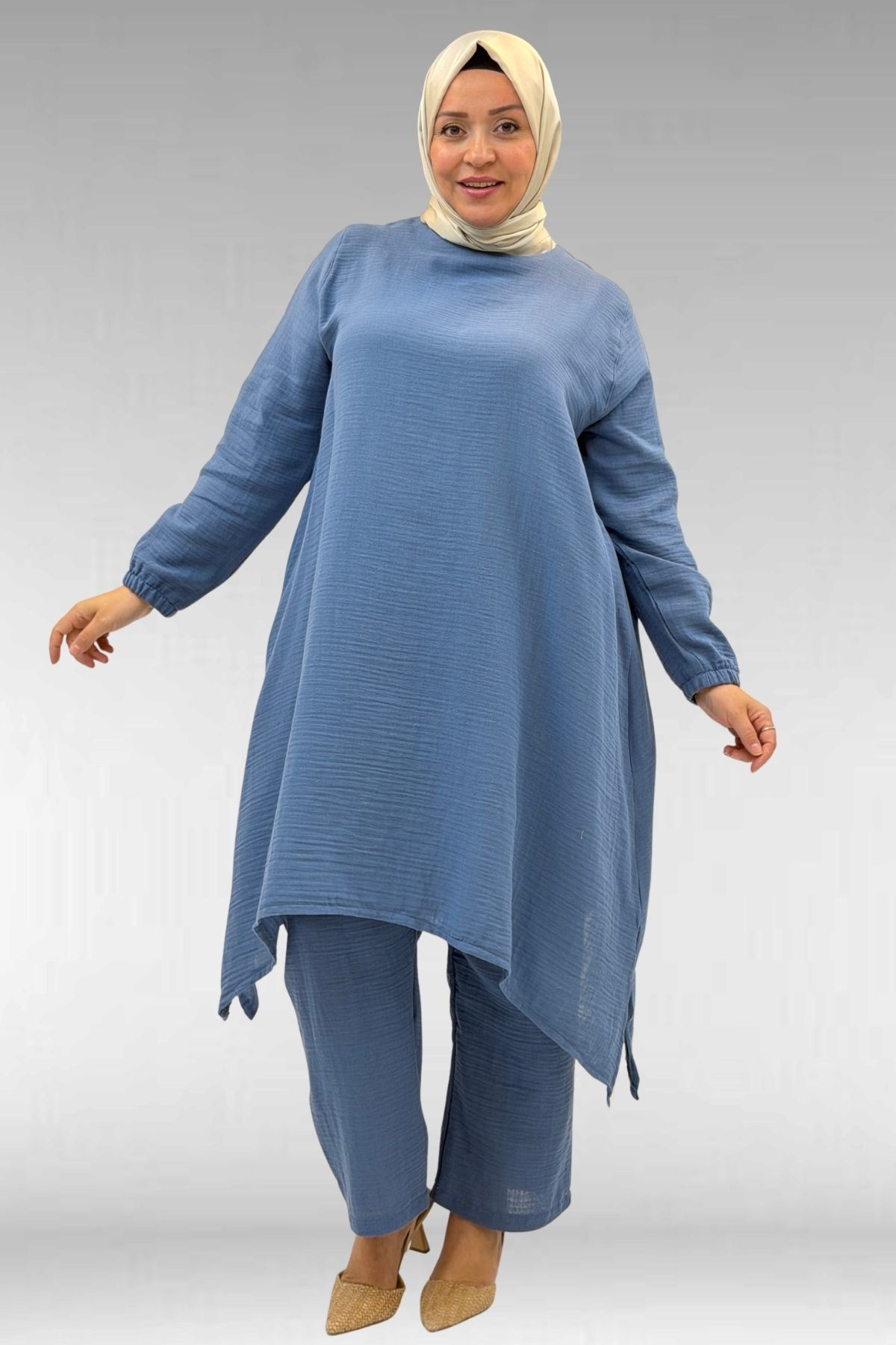 67044 Büyük Beden Asimetrik Kesim Pantolonlu Müslin Takım - Soğuk Mavi