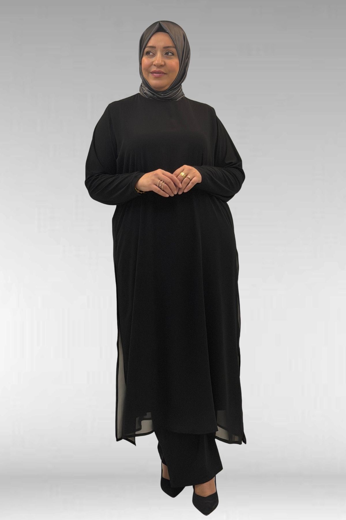 67024 Büyük Beden Sandy-Şifon Takım - Siyah