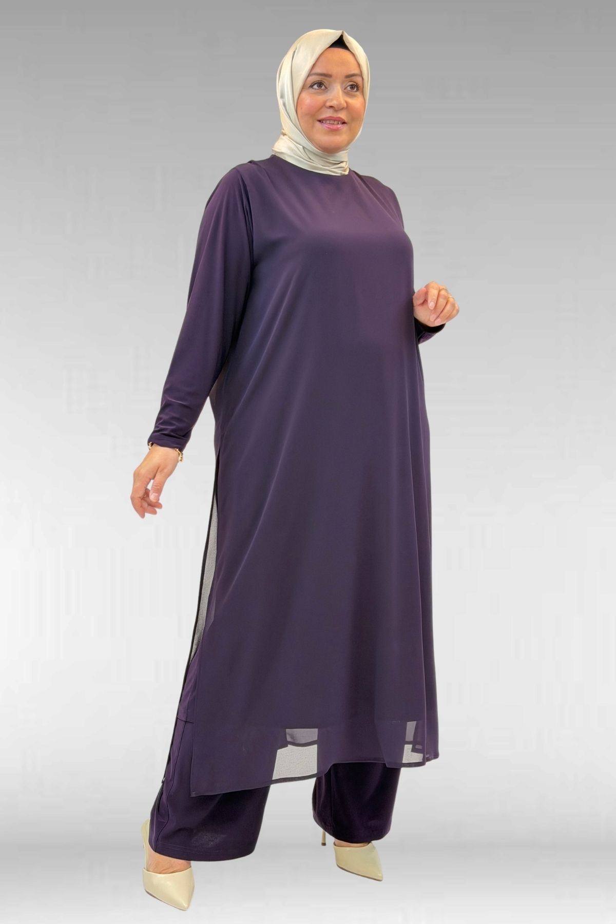 67024 Büyük Beden Sandy-Şifon Takım - Mürdüm