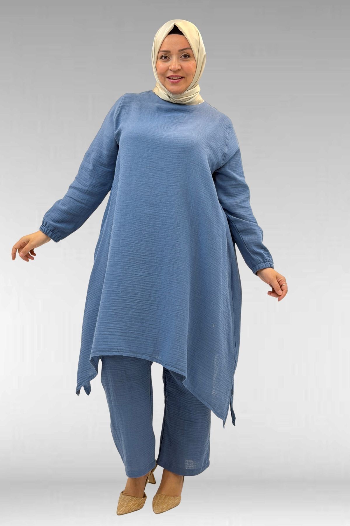 67044 Büyük Beden Asimetrik Kesim Pantolonlu Müslin Takım - Soğuk Mavi