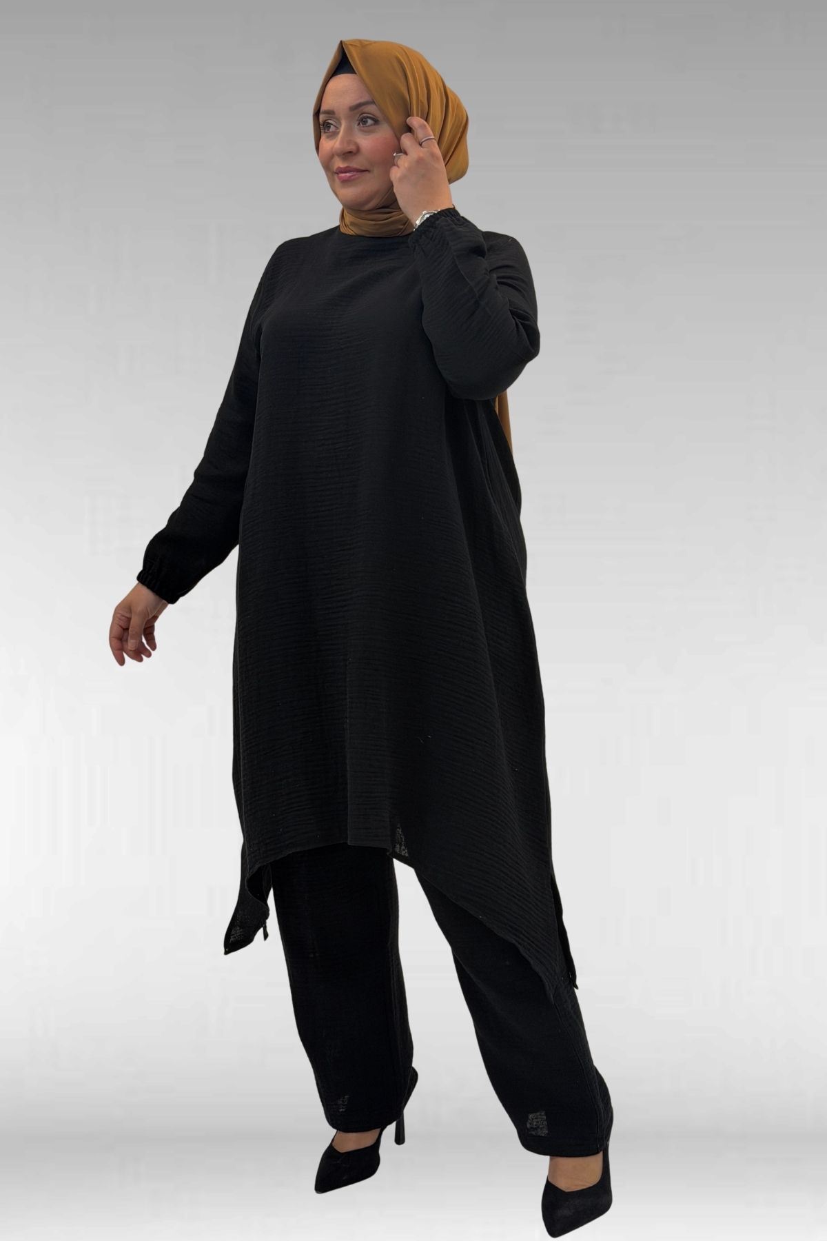 67044 Büyük Beden Asimetrik Kesim Pantolonlu Müslin Takım - Siyah