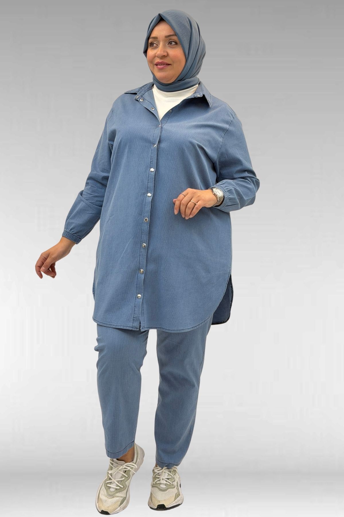 67042 Büyük Beden Kolları Lastikli Pantolonlu Takım - Mavi