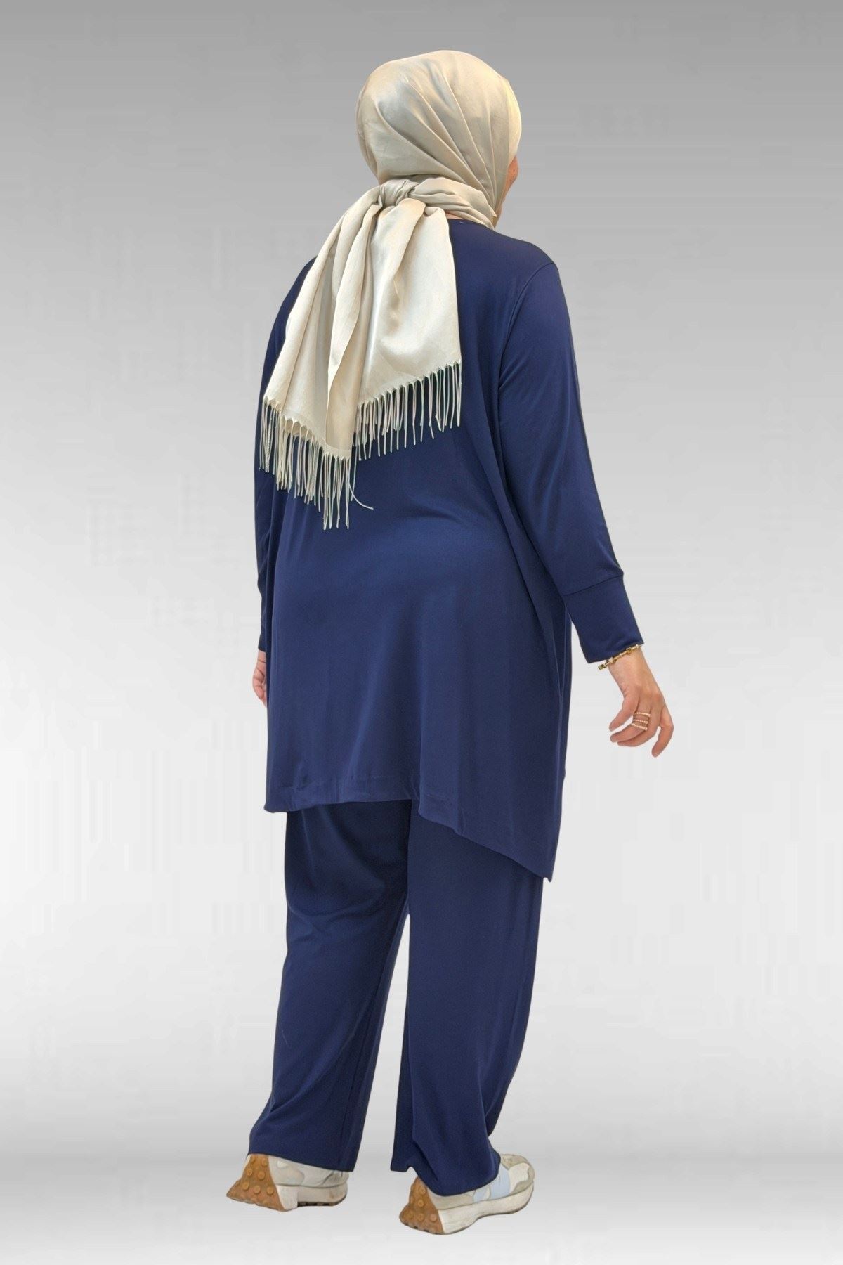 67040-E Büyük Beden Cep Kapak Modelli D Halka Detaylı Penye Pantolonlu Takım - Lacivert 