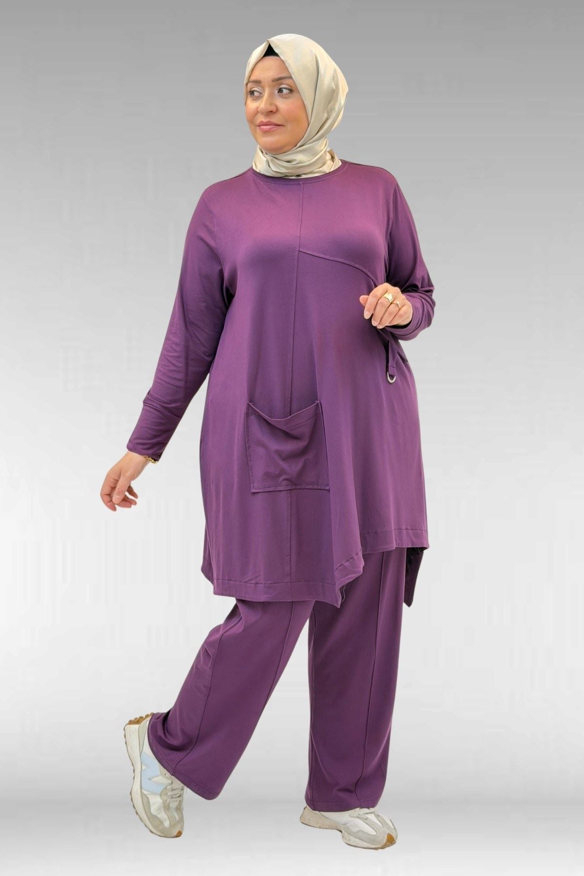 67040-E Büyük Beden Cep Kapak Modelli D Halka Detaylı Penye Pantolonlu Takım - Mürdüm