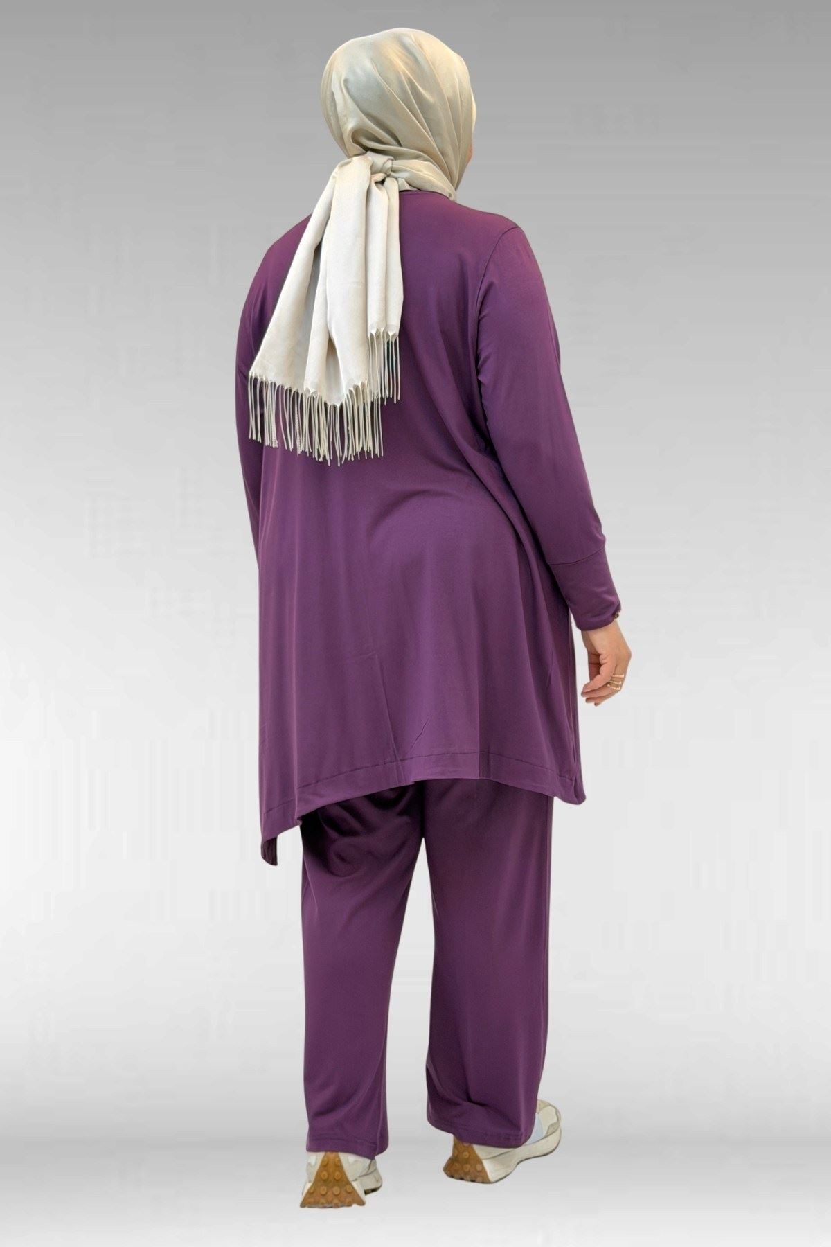 67040-E Büyük Beden Cep Kapak Modelli D Halka Detaylı Penye Pantolonlu Takım - Mürdüm