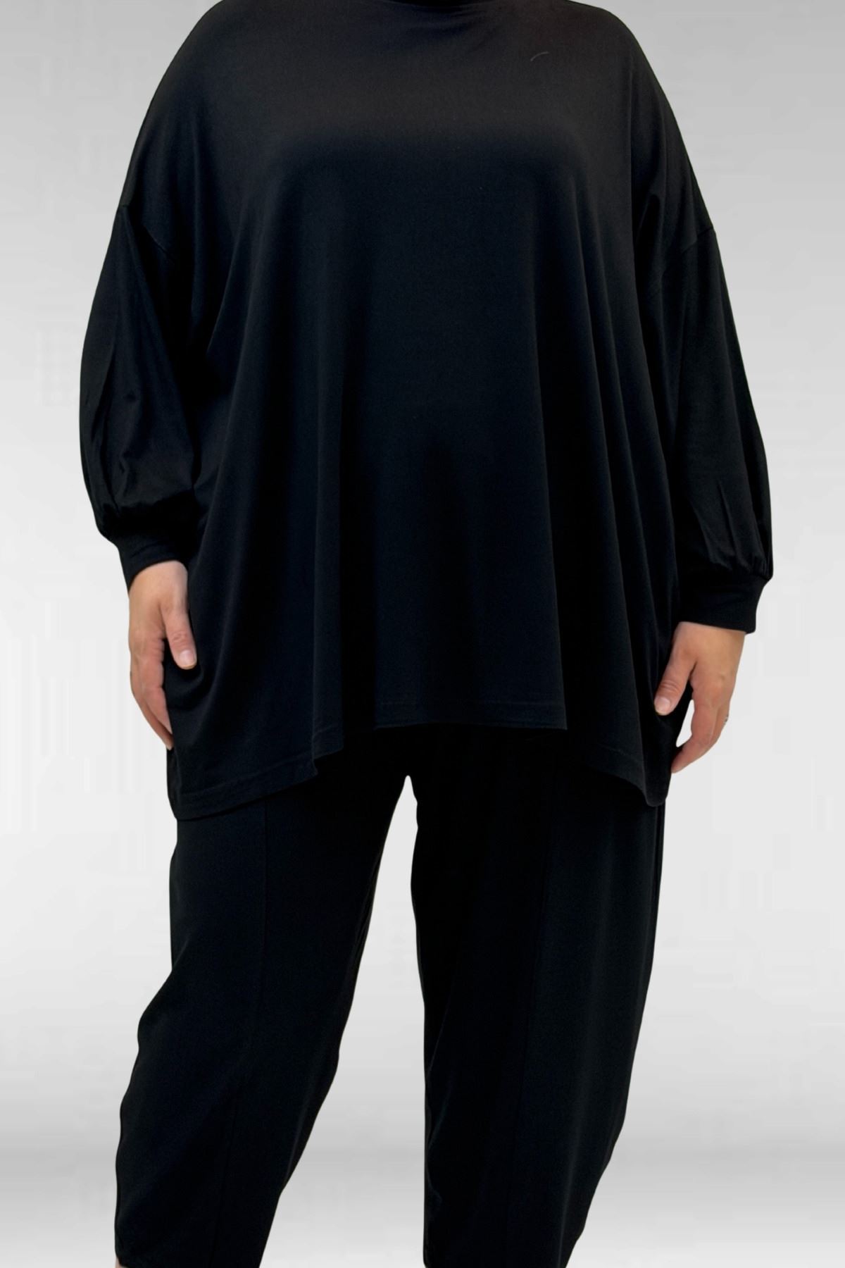 67037-E Büyük Beden Düşük Kol Penye Pantolonlu Takım - Siyah