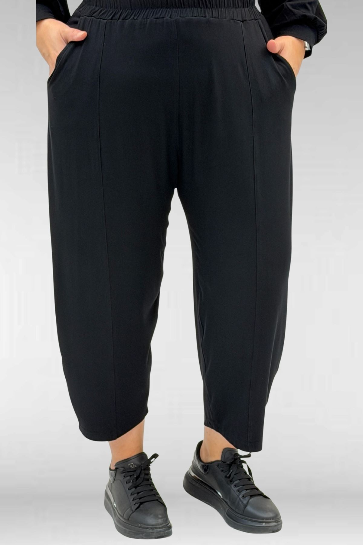 67037-E Büyük Beden Düşük Kol Penye Pantolonlu Takım - Siyah