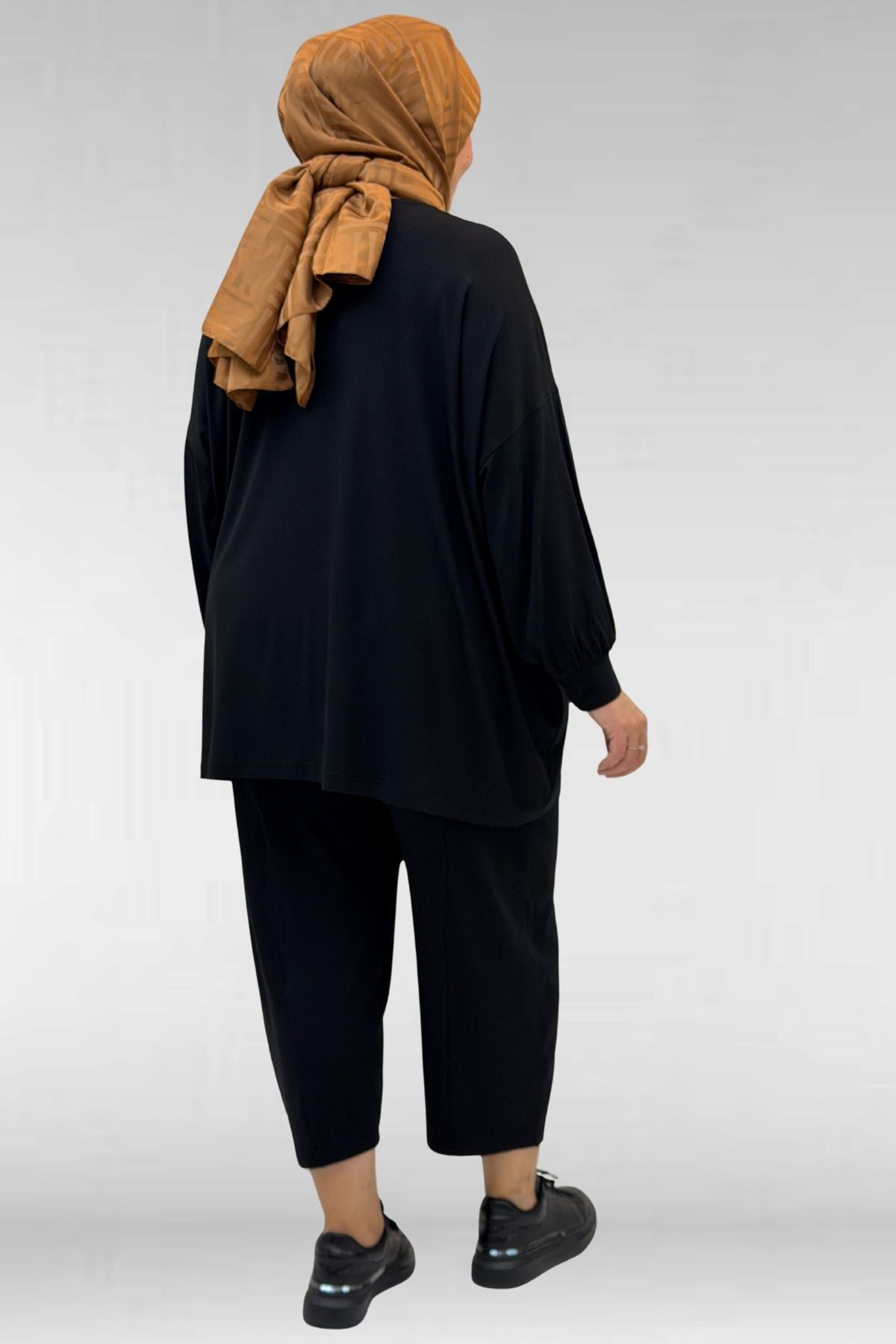 67037-E Büyük Beden Düşük Kol Penye Pantolonlu Takım - Siyah