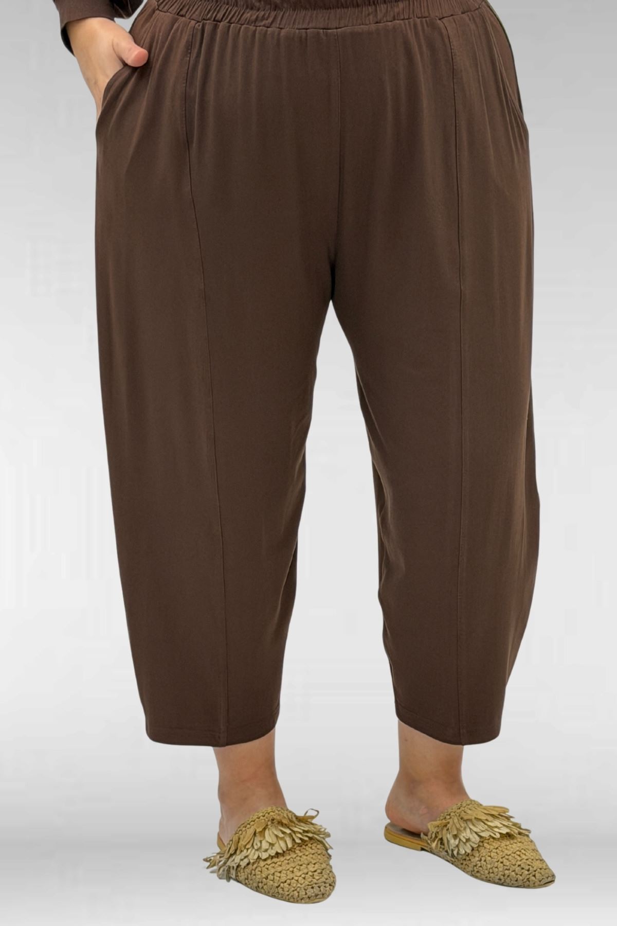 67037-E Büyük Beden Düşük Kol Penye Pantolonlu Takım - Kahve