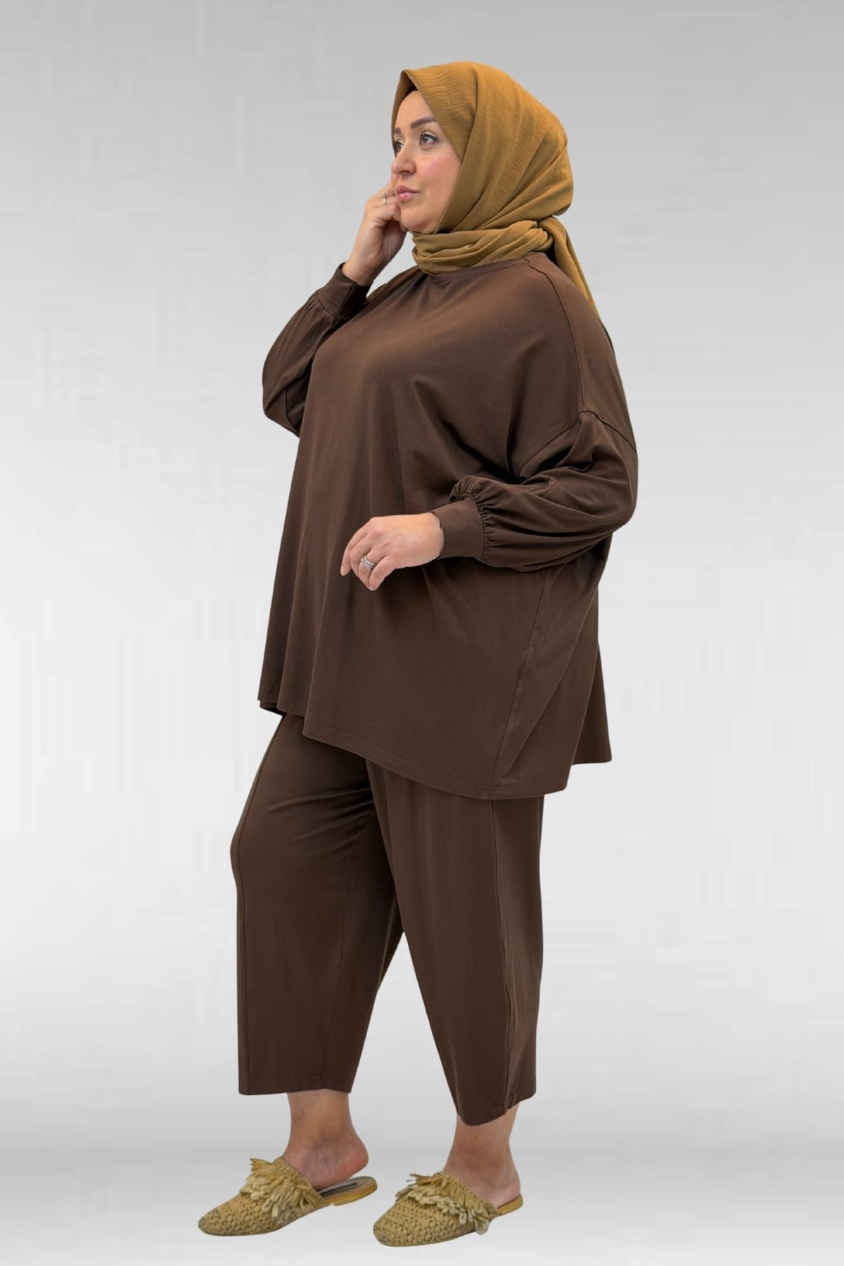 67037-E Büyük Beden Düşük Kol Penye Pantolonlu Takım - Kahve