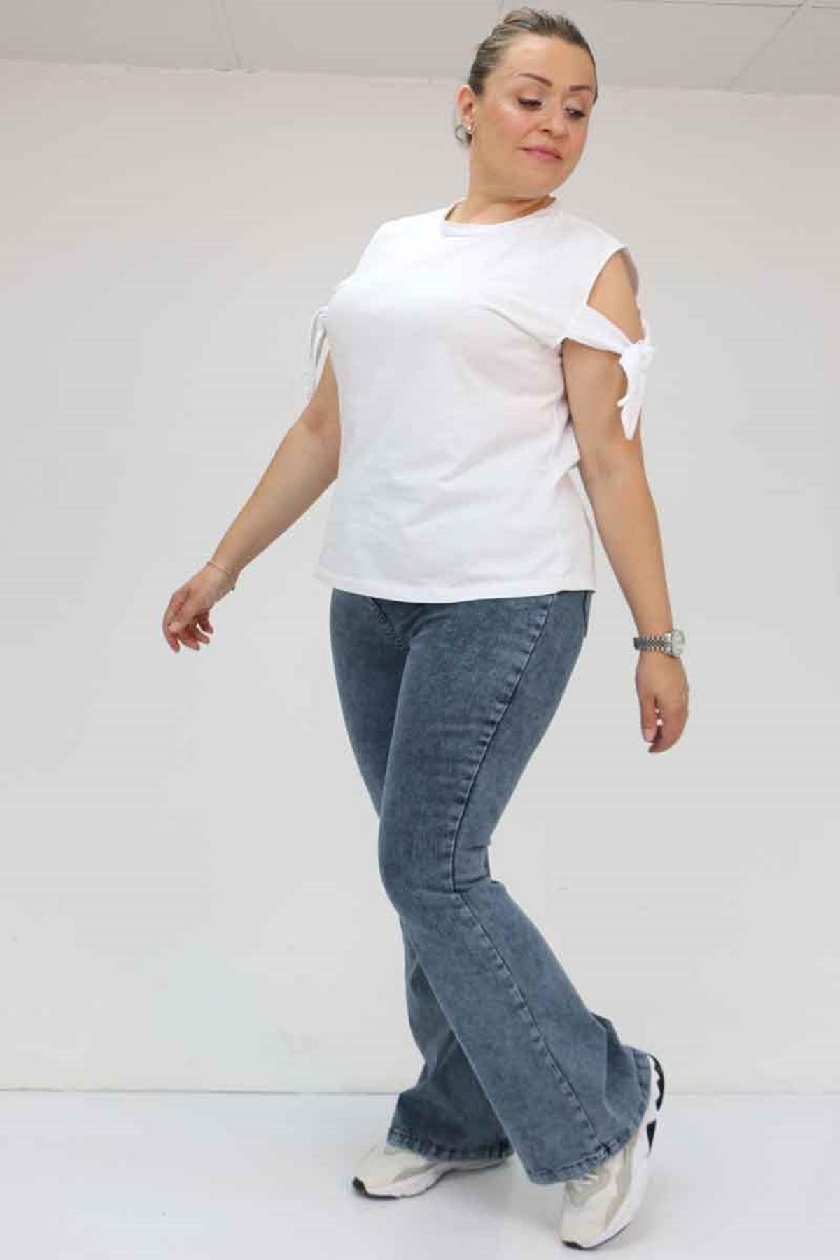 9137-17-E Büyük Beden Beli Lastikli İspanyol Paça  Kot Pantolon - Kar Yıkama Mavi