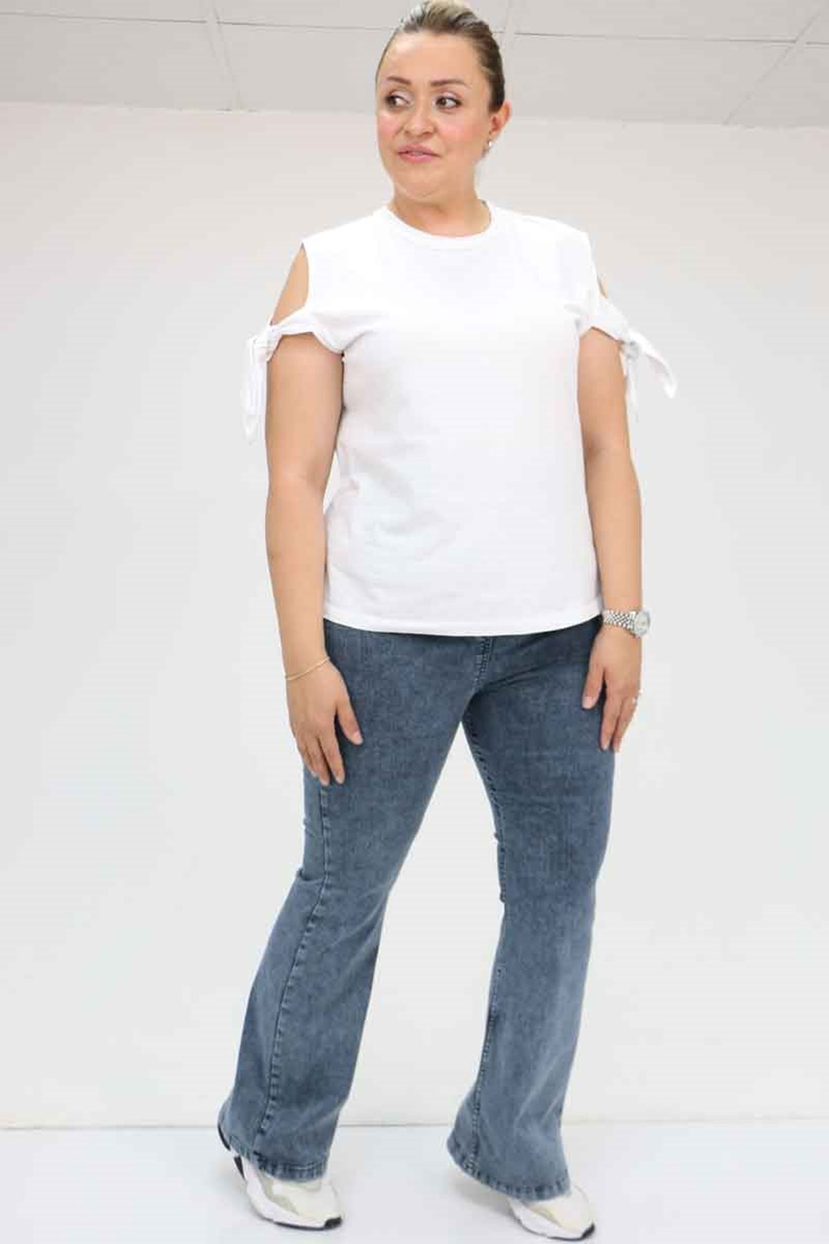 9137-17-E Büyük Beden Beli Lastikli İspanyol Paça  Kot Pantolon - Kar Yıkama Mavi