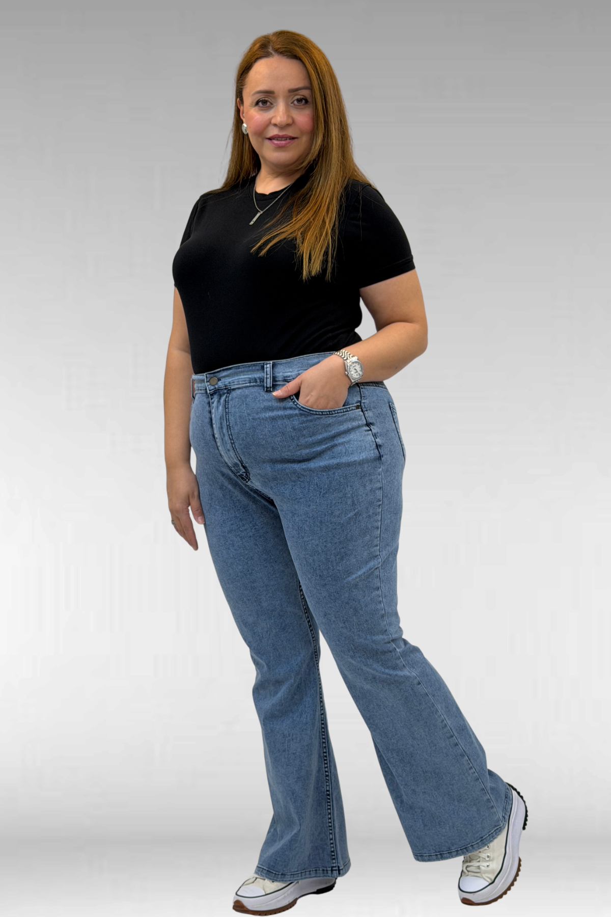 9110-11-E Büyük Beden İspanyol Paça Kot Pantolon - Buz Mavi