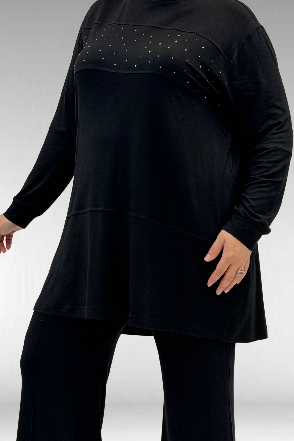 67021-E Büyük Beden Taş Baskı Detaylı Parçalı Pantolonlu Takım - Siyah