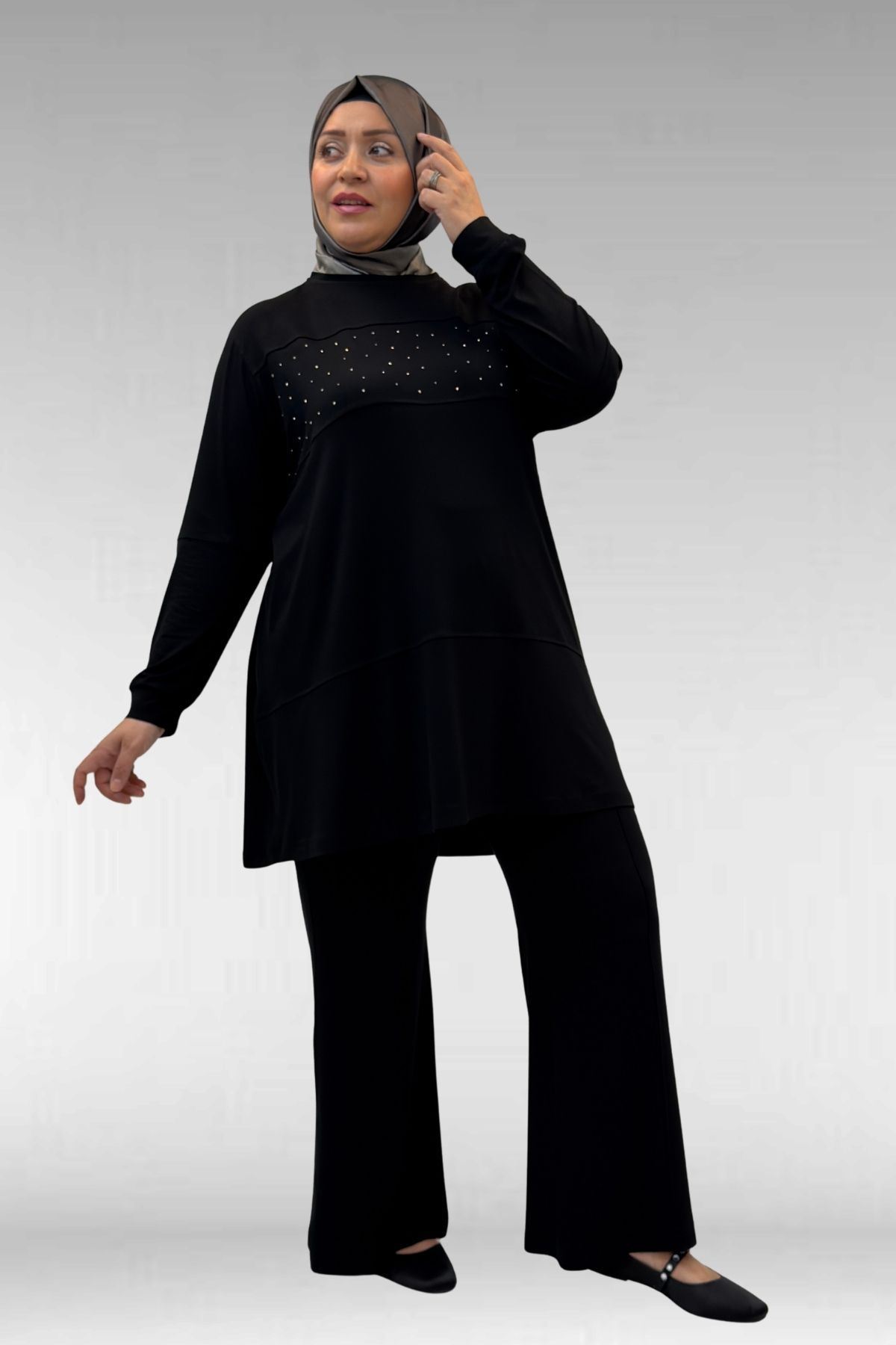 67021-E Büyük Beden Taş Baskı Detaylı Parçalı Pantolonlu Takım - Siyah