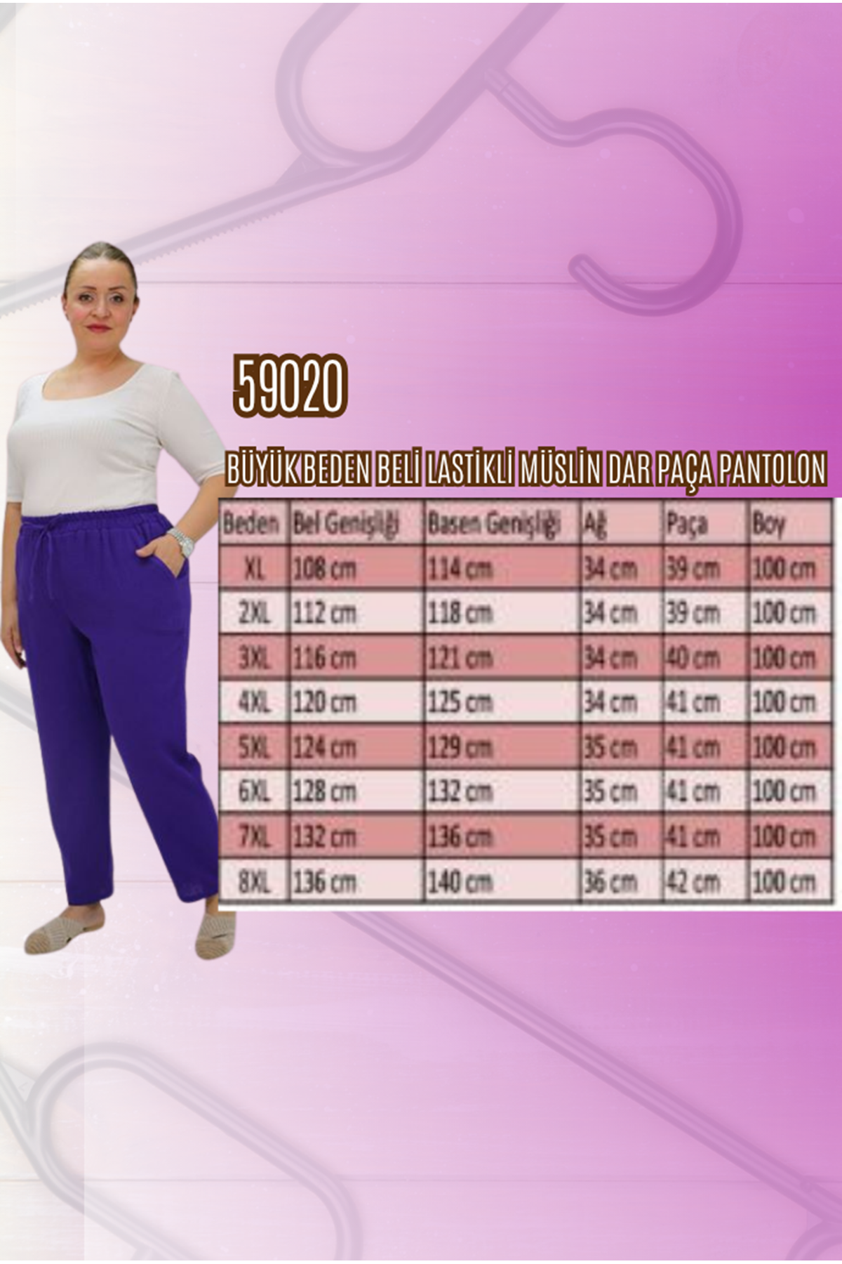 59020 Büyük Beden Beli Lastikli Müslin Dar Paça Pantolon - Ekru