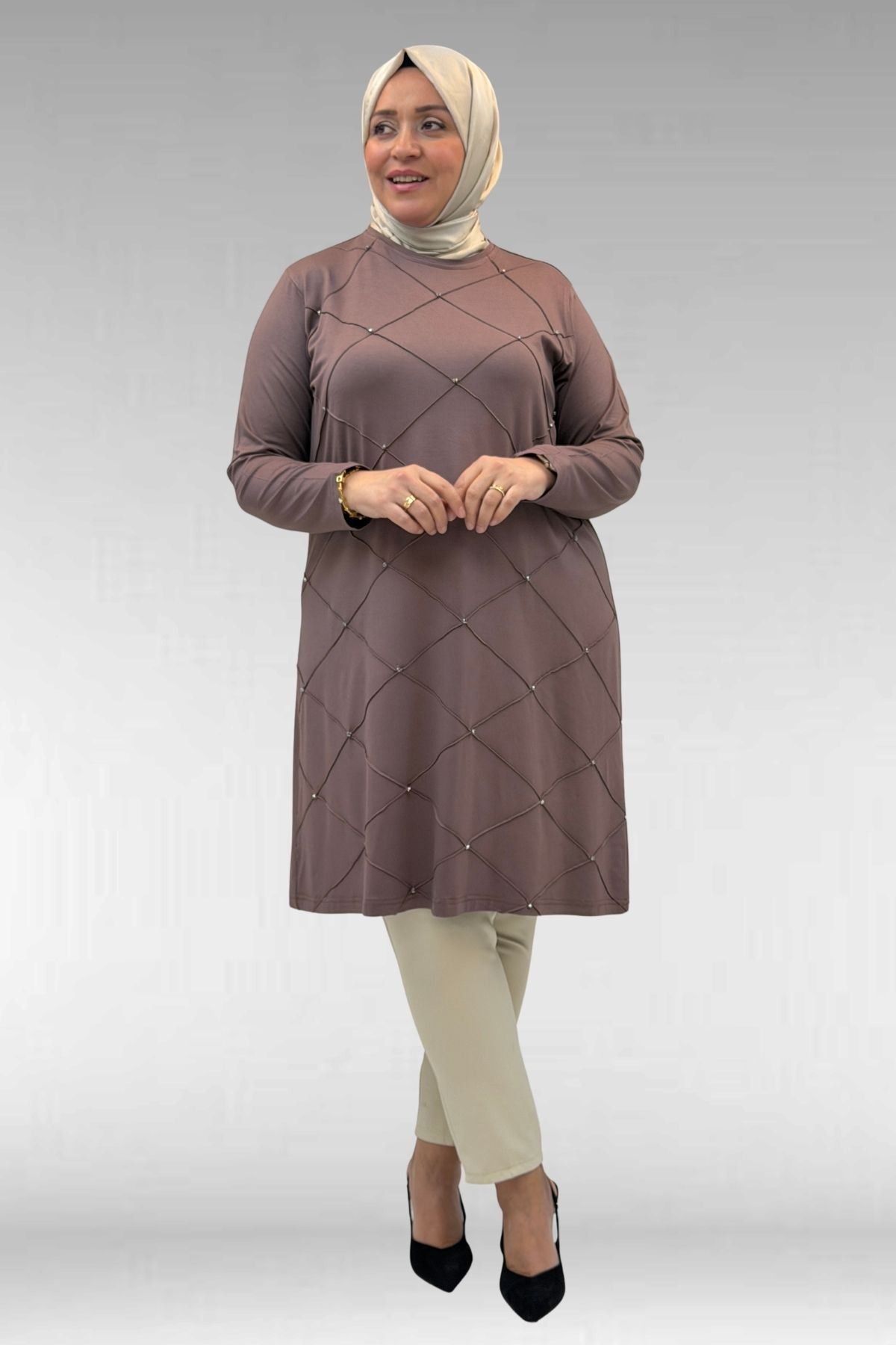 68004 Büyük Beden Çıma Detaylı Penye Tunik - Vizon