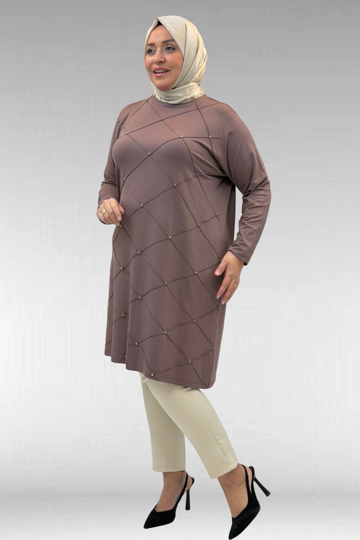 68004 Büyük Beden Çıma Detaylı Penye Tunik - Vizon