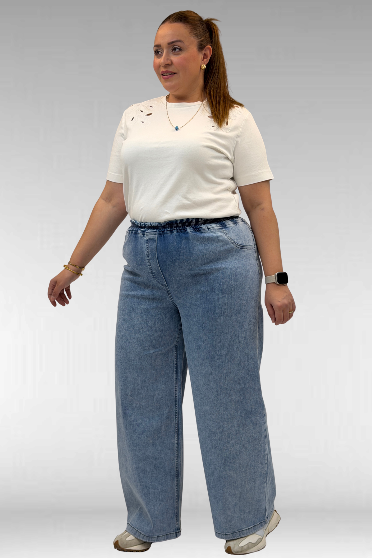 69003 Büyük Beden Beli Lastikli Bolpaça Kot Pantolon - Kar Yıkama Mavi