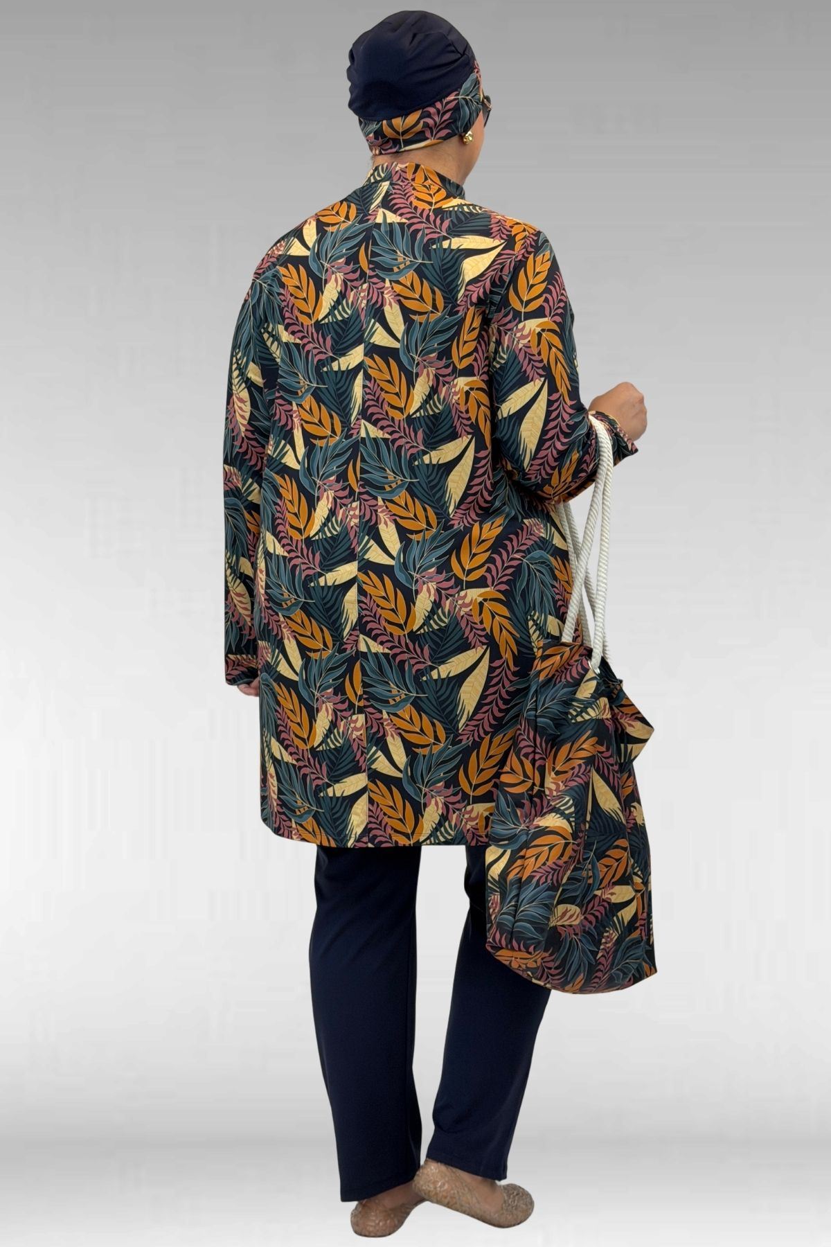 1727 Büyük Beden Uzunkol Tesettür Mayo Takım - Yaprak Desen Hardal-Laci