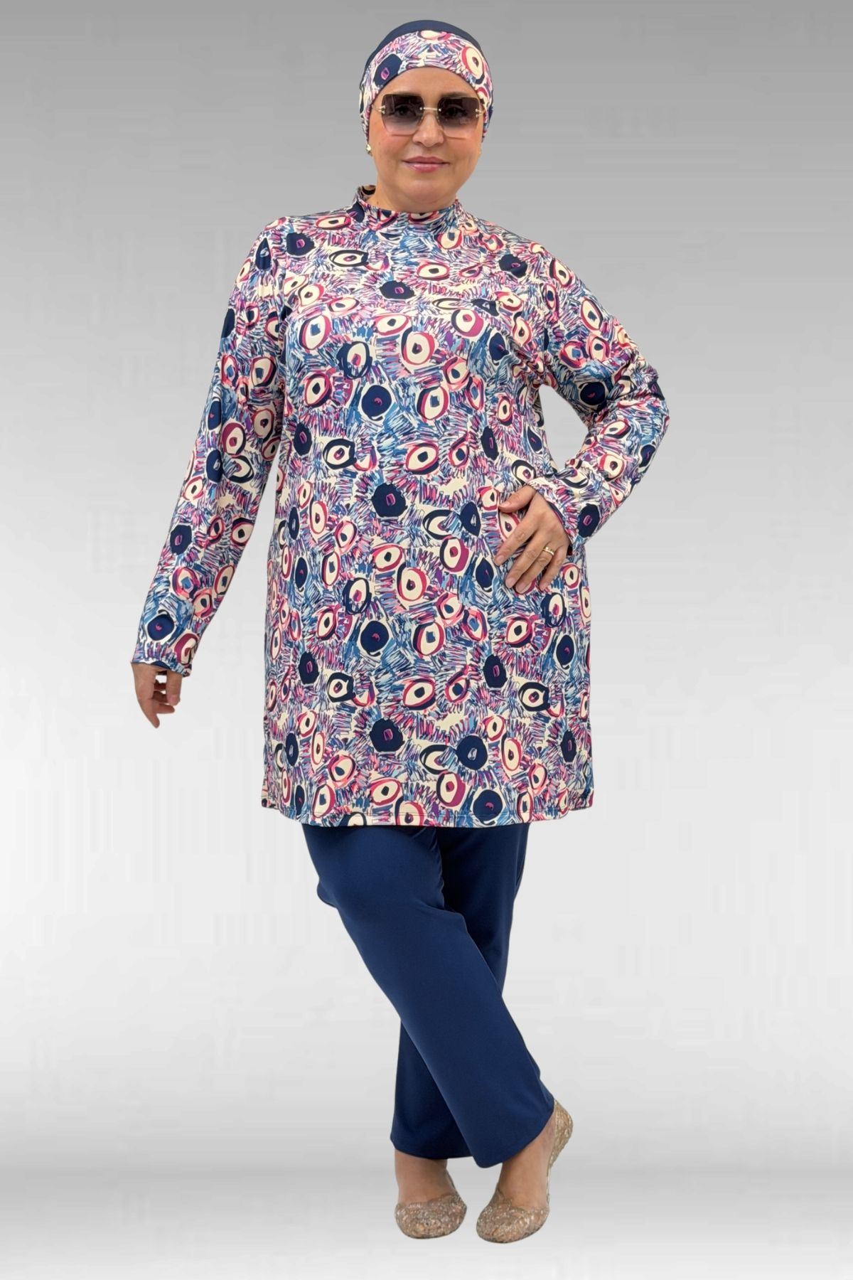 1727 Büyük Beden Uzunkol Tesettür Mayo Takım - Göz Desen İndigo-İndigo