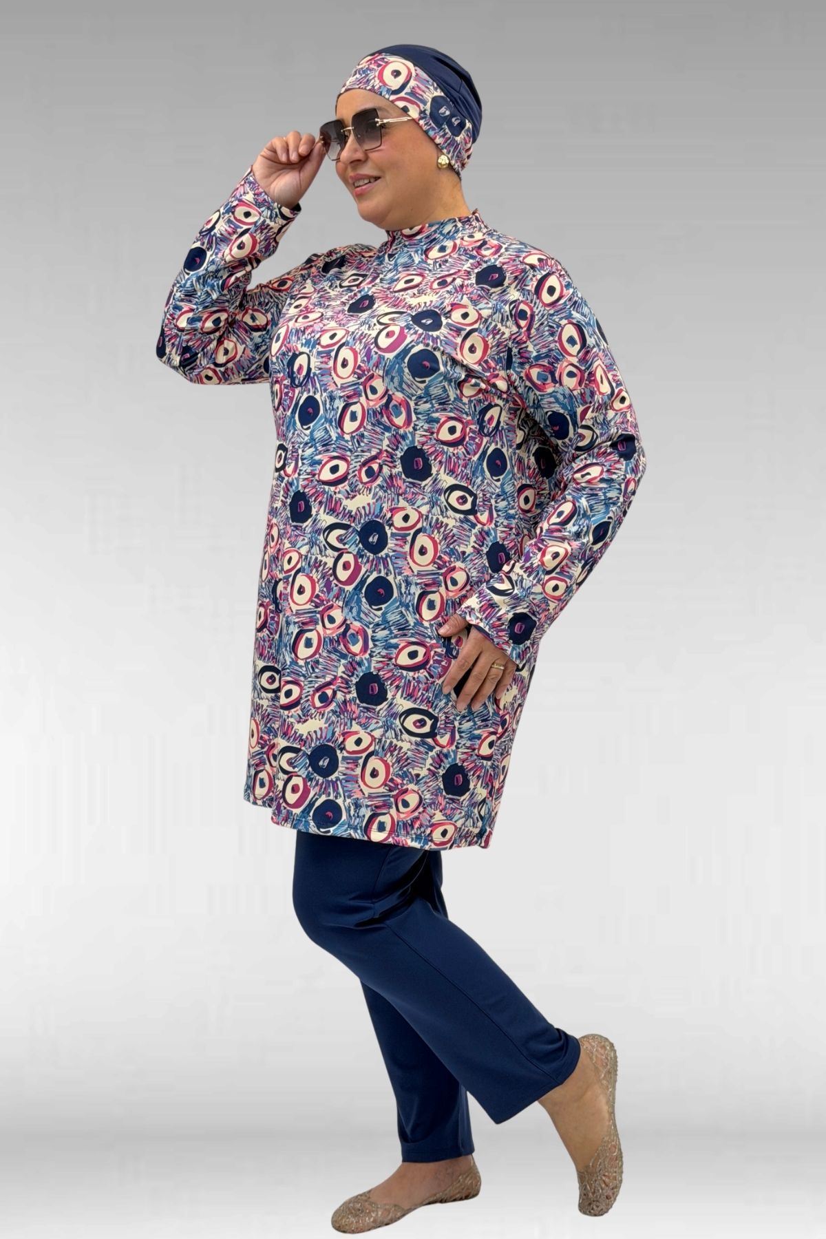 1727 Büyük Beden Uzunkol Tesettür Mayo Takım - Göz Desen İndigo-İndigo