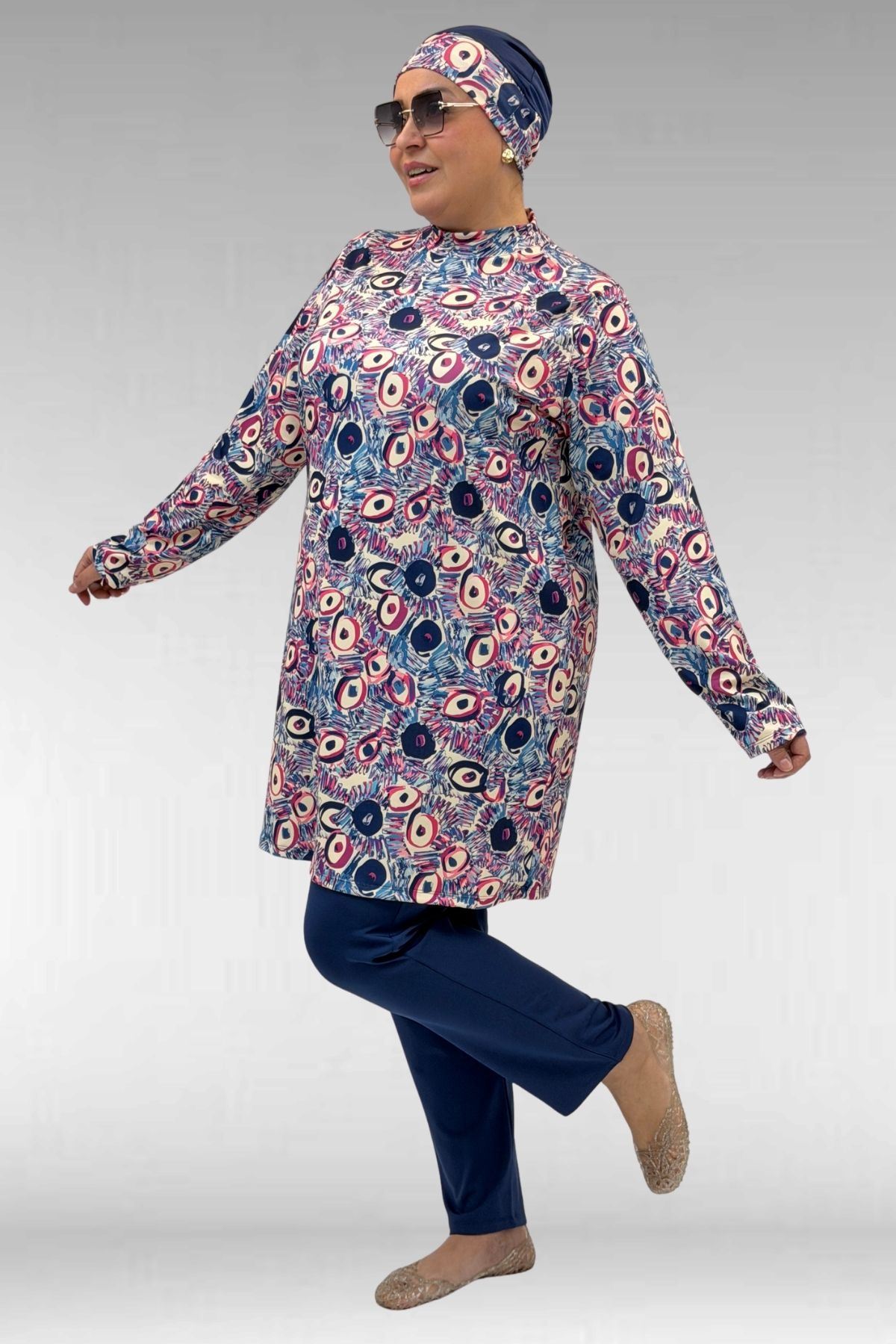 1727 Büyük Beden Uzunkol Tesettür Mayo Takım - Göz Desen İndigo-İndigo