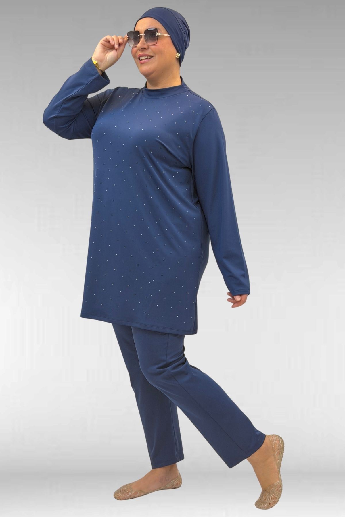 1739 Büyük Beden Önü Taş Baskılı Uzunkol Tesettür Mayo - İndigo