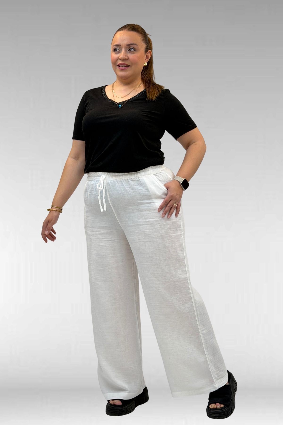 59021 Büyük Beden Beli Lastikli Müslin Bol Paça Pantolon - Ekru