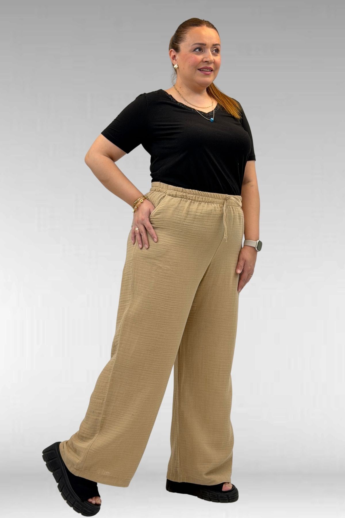 59021 Büyük Beden Beli Lastikli Müslin Bol Paça Pantolon - Vizon