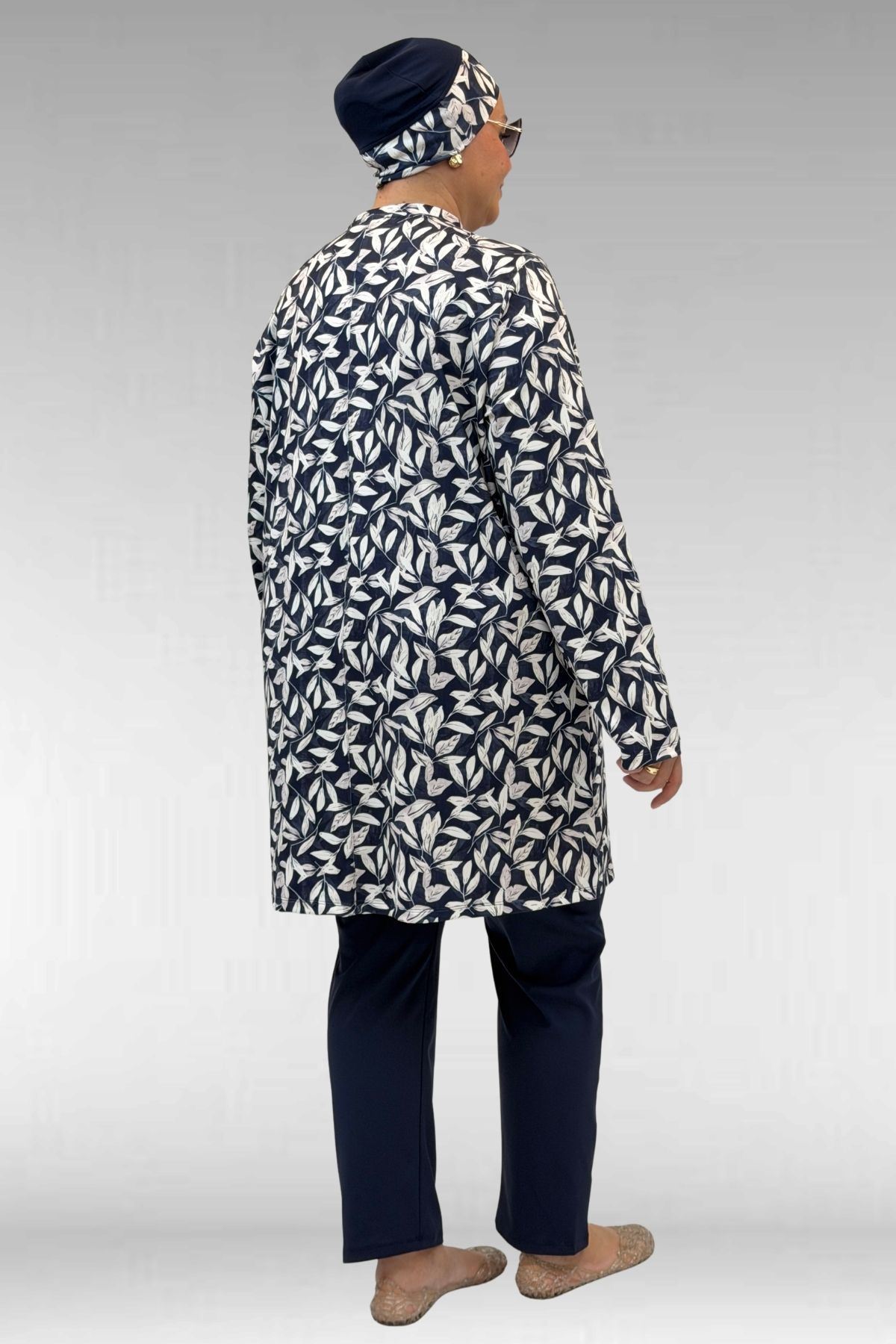 1727 Büyük Beden Uzunkol Tesettür Mayo Takım - Yaprak Desen Ekru-Laci