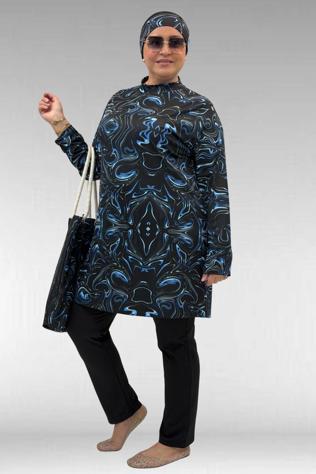 1727 Büyük Beden Uzunkol Tesettür Mayo Takım - Aqua Mavi-Siyah