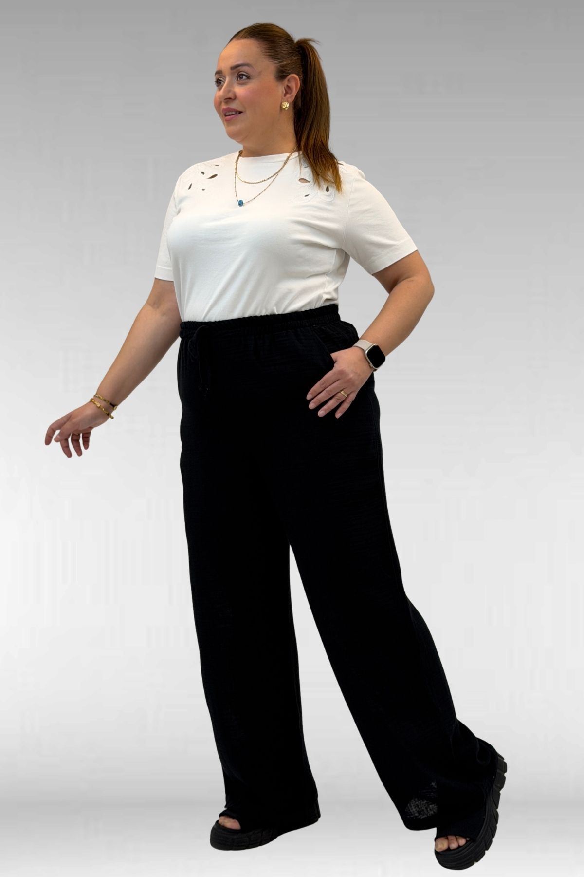 59021 Büyük Beden Beli Lastikli Müslin Bol Paça Pantolon - Siyah