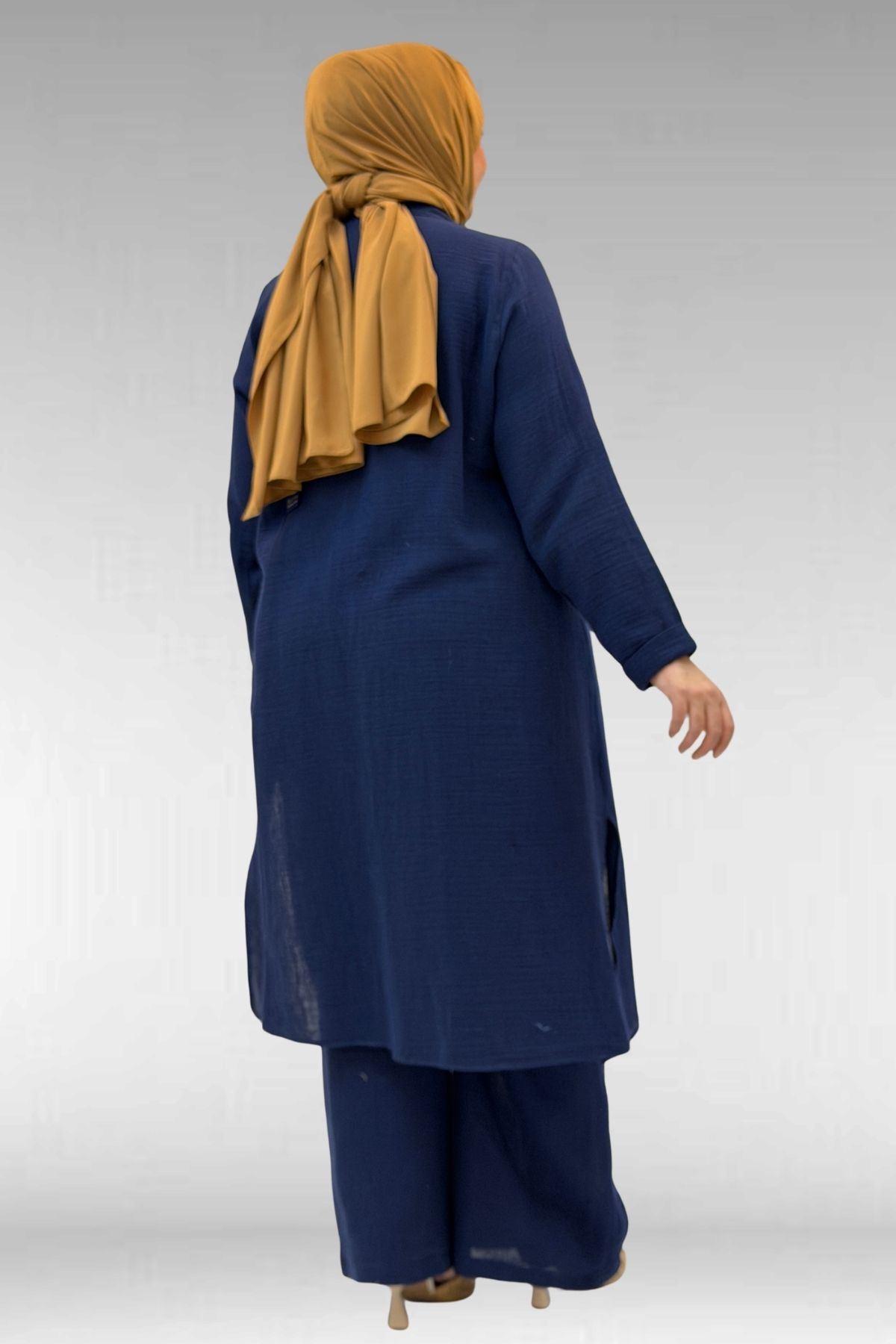 67023 Büyük Beden Önü Pile Detaylı Müslin Pantolonlu Takım - Lacivert