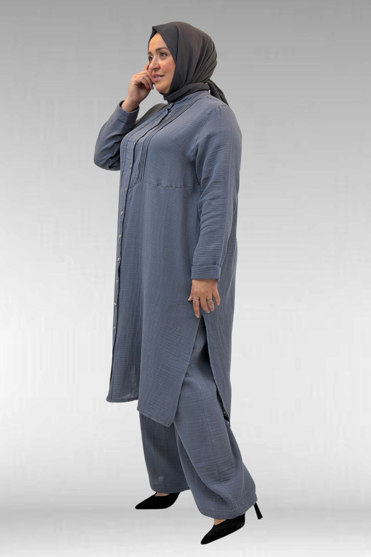 67023 Büyük Beden Önü Pile Detaylı Müslin Pantolonlu Takım - Antrasit