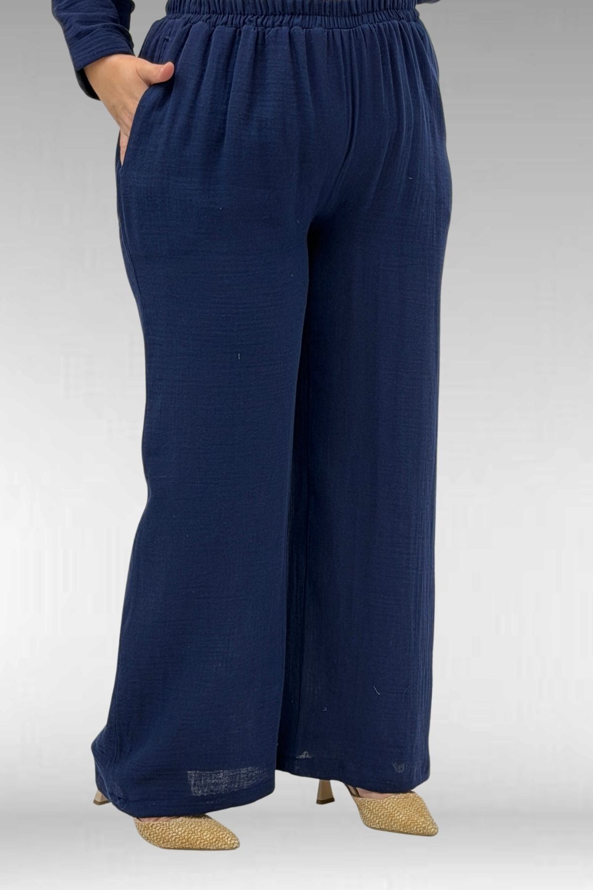 67023 Büyük Beden Önü Pile Detaylı Müslin Pantolonlu Takım - Lacivert