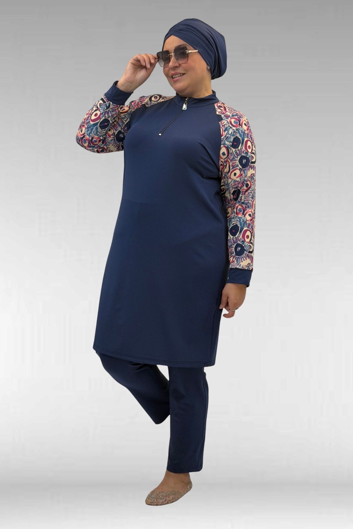 1732 Büyük Beden Balıkçı Yaka Fermuarlı Mayo - Göz Desen İndigo-İndigo