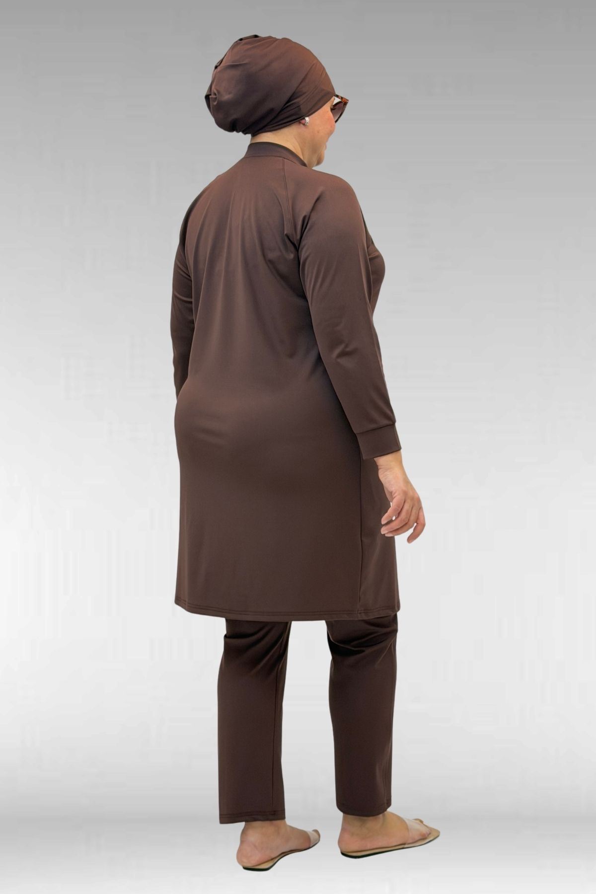 1732 Büyük Beden Balıkçı Yaka Fermuarlı Mayo - Kahve