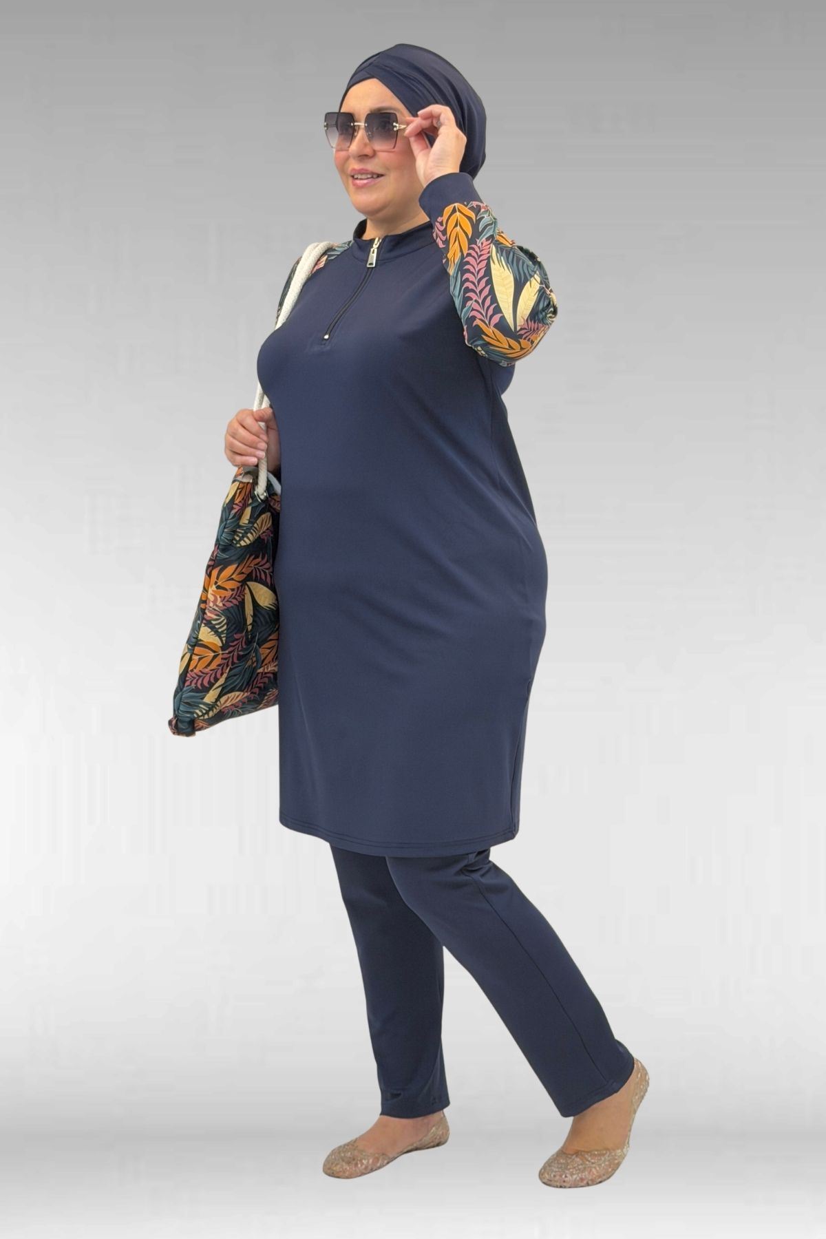 1732 Büyük Beden Balıkçı Yaka Fermuarlı Mayo - Yaprak Desen Hardal-Laci