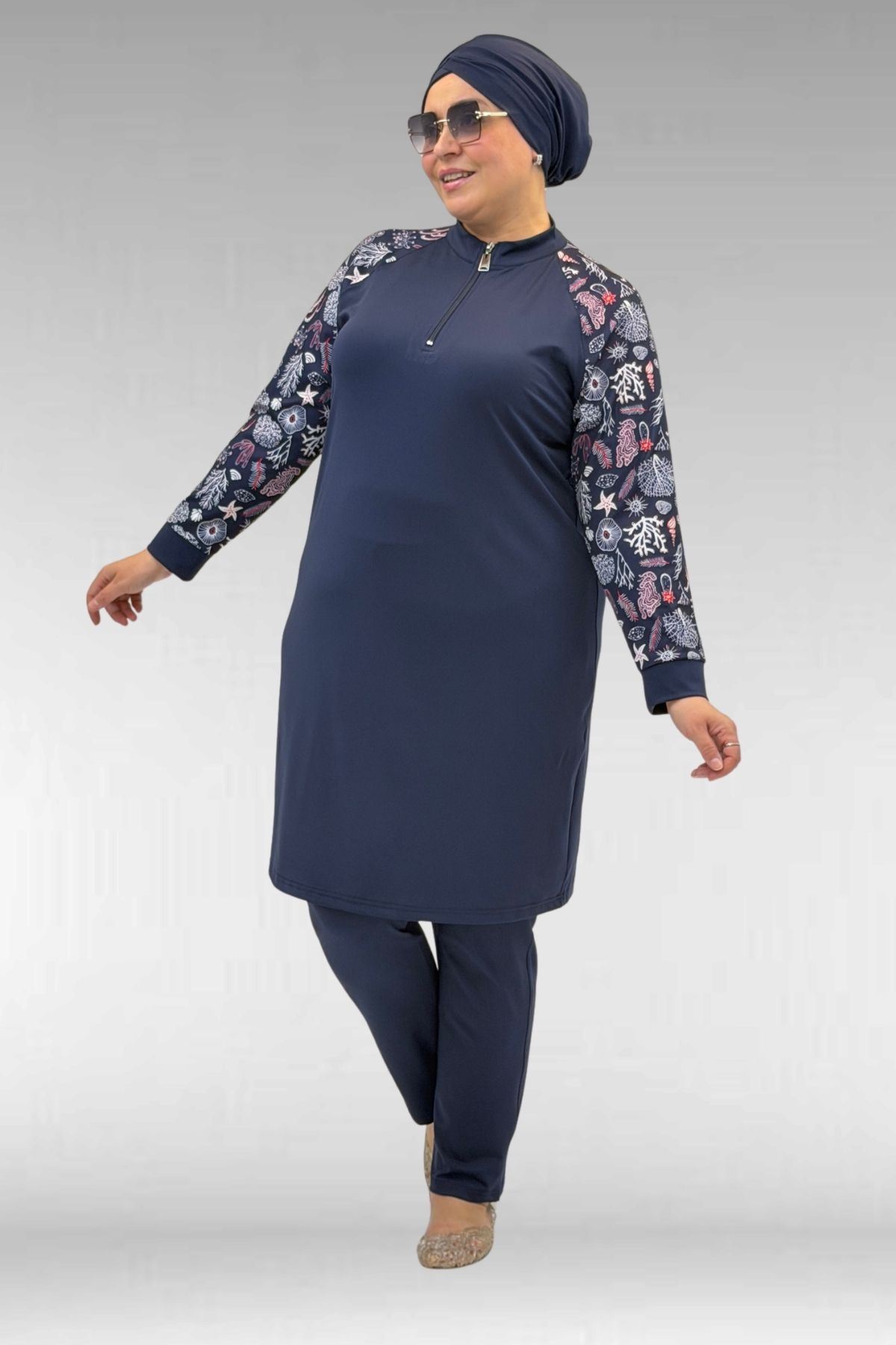 1732 Büyük Beden Balıkçı Yaka Fermuarlı Mayo - Karışık Desen Laci-Laci