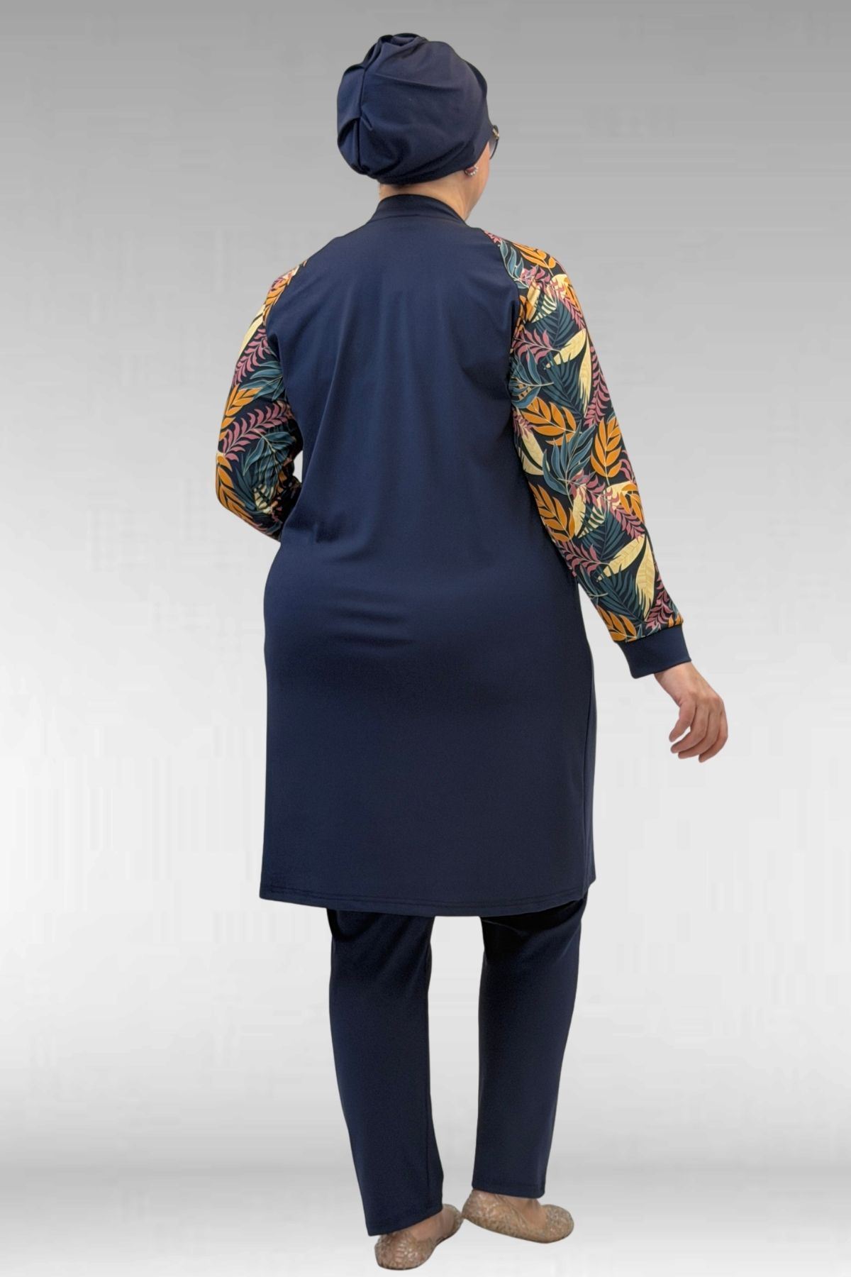 1732 Büyük Beden Balıkçı Yaka Fermuarlı Mayo - Yaprak Desen Hardal-Laci