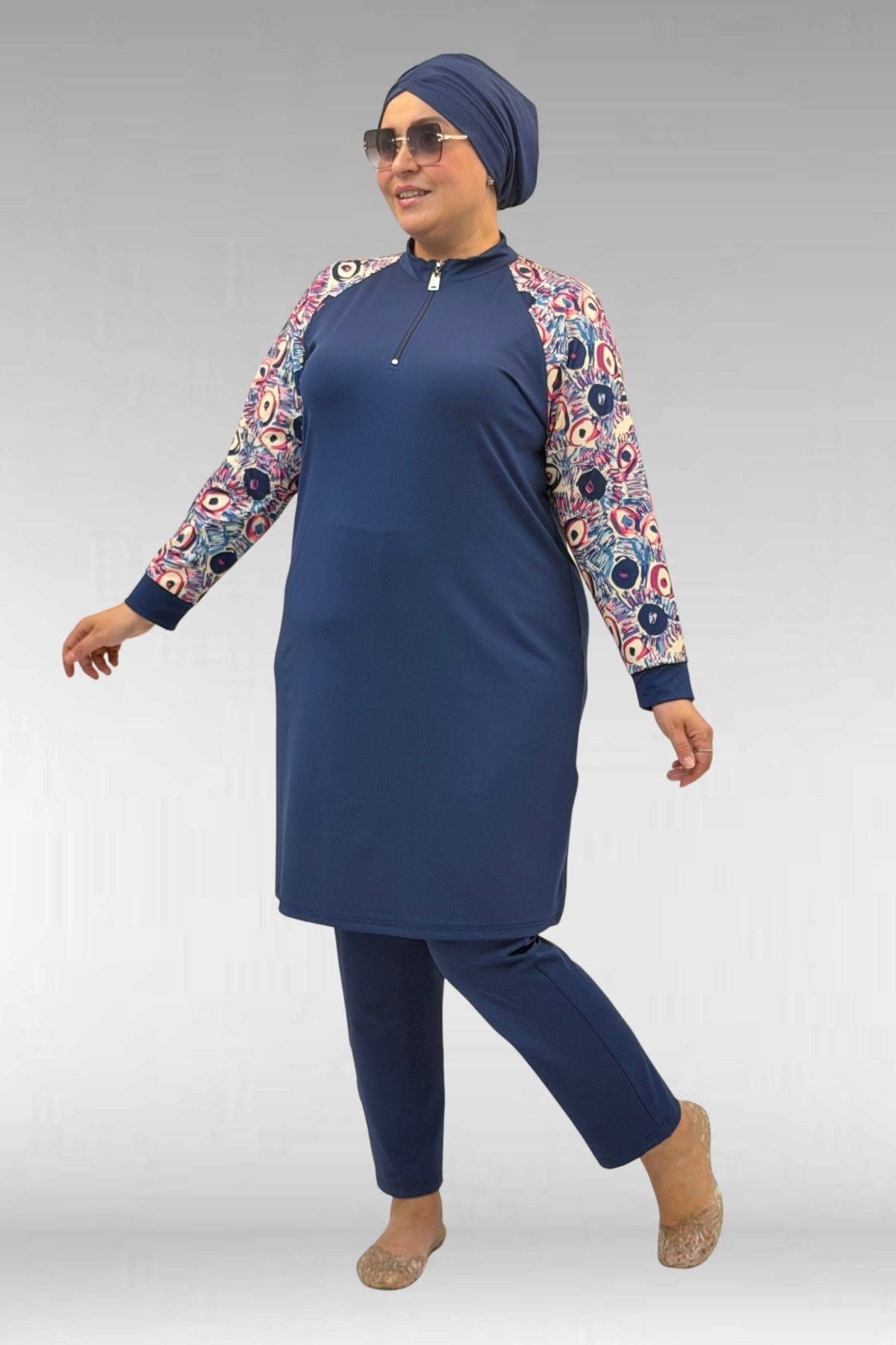 1732 Büyük Beden Balıkçı Yaka Fermuarlı Mayo - Göz Desen İndigo-İndigo