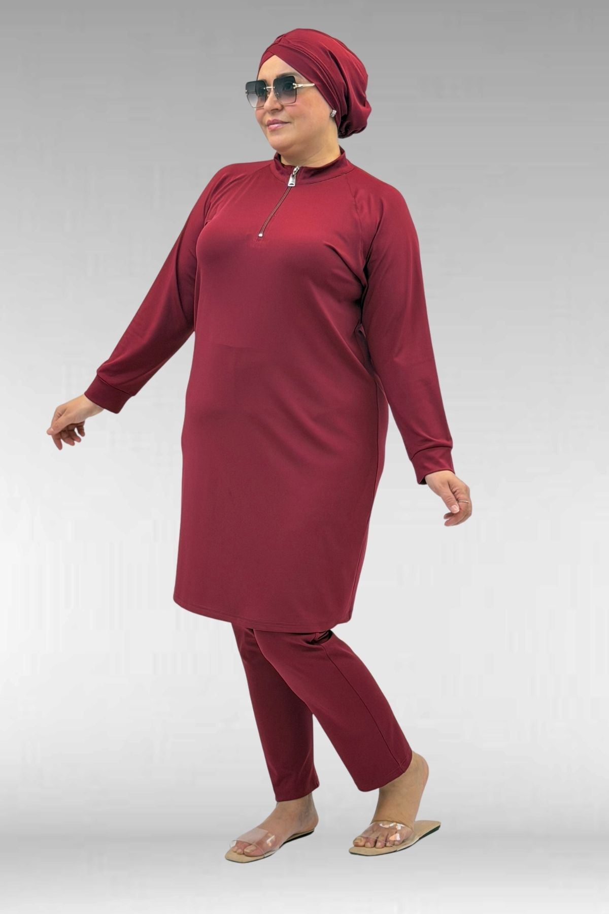 1732 Büyük Beden Balıkçı Yaka Fermuarlı Mayo - Bordo