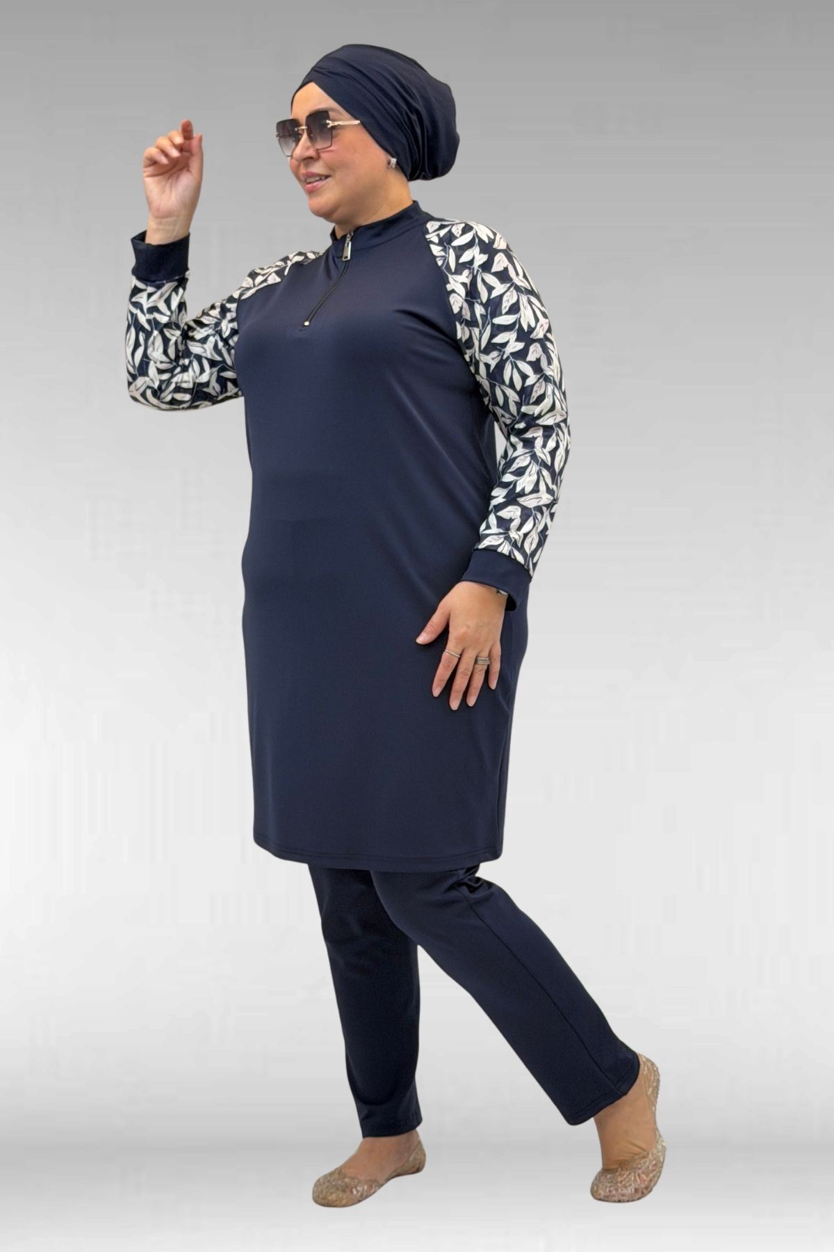 1732 Büyük Beden Balıkçı Yaka Fermuarlı Mayo - Yaprak Desen Ekru-Laci