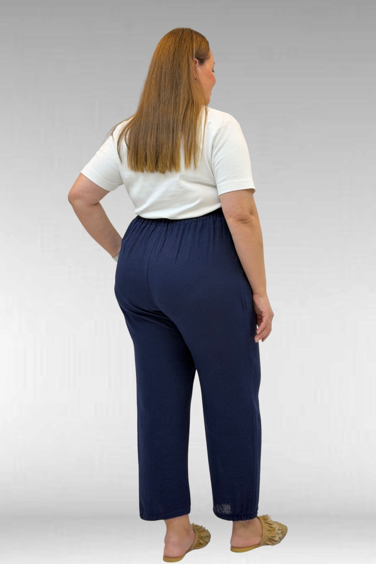59022 Büyük Beden Paçası Yarım Lastikli Müslin Pantolon - Lacivert