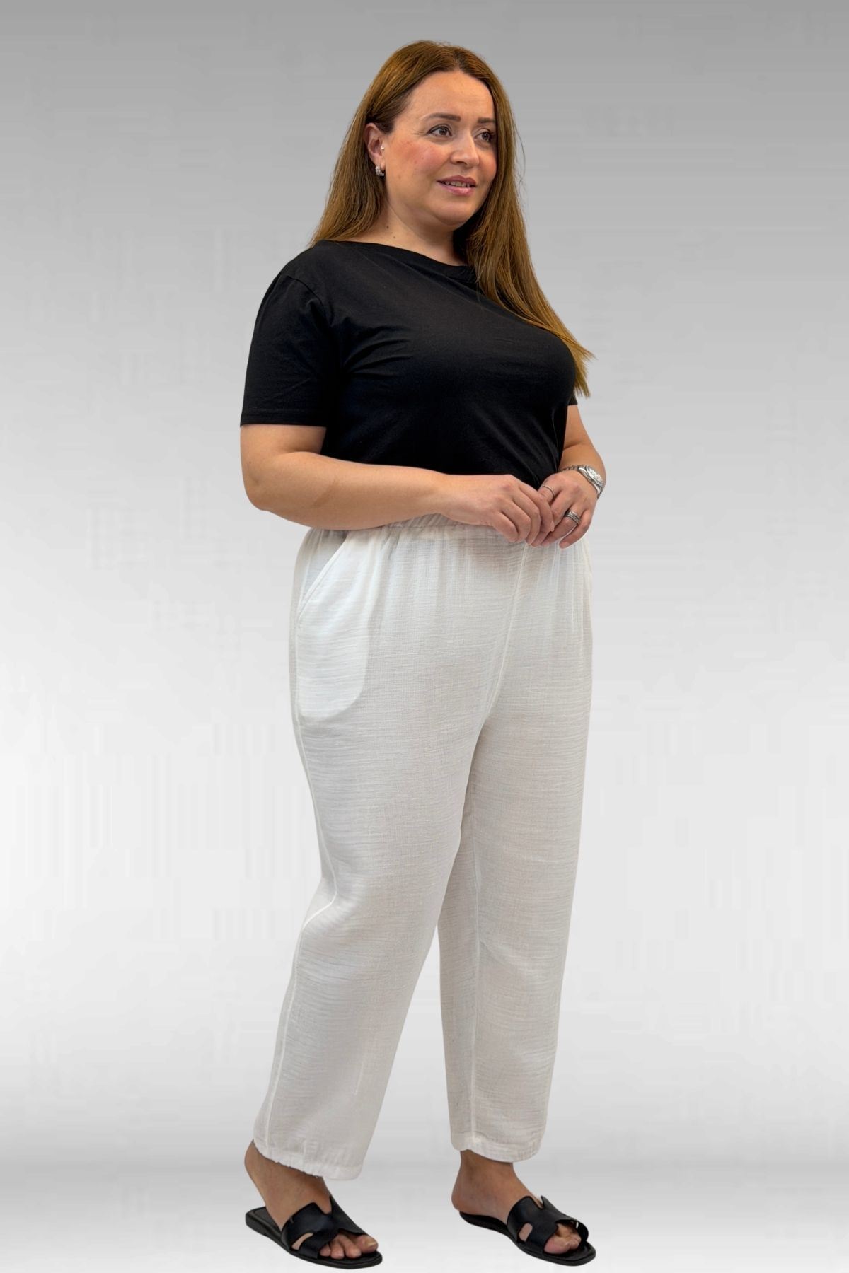 59022 Büyük Beden Paçası Yarım Lastikli Müslin Pantolon - Ekru