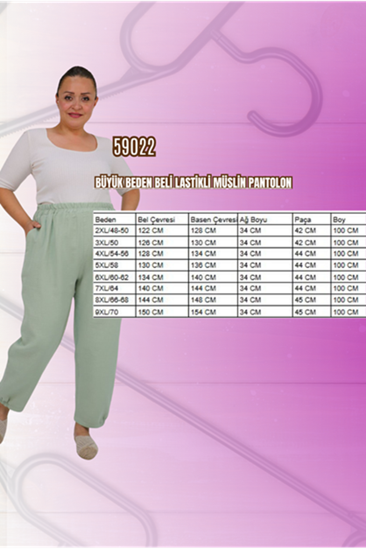 59022 Büyük Beden Paçası Yarım Lastikli Müslin Pantolon - Bisküvi