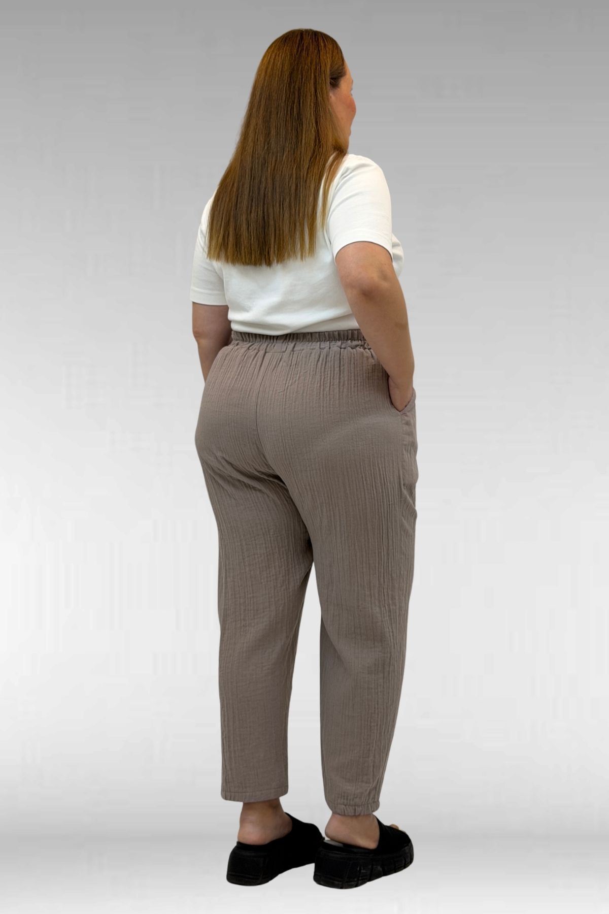 59022 Büyük Beden Paçası Yarım Lastikli Müslin Pantolon - Vizon