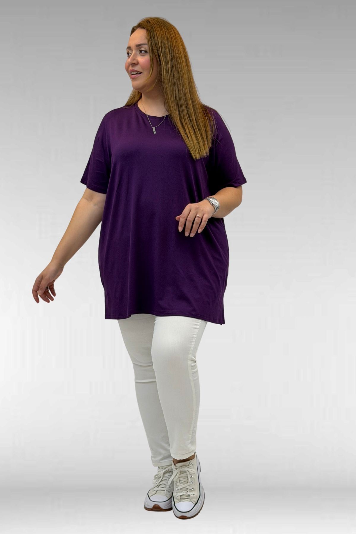 58507 Büyük Beden Yakası Biyeli Penye Tişört - Mürdüm