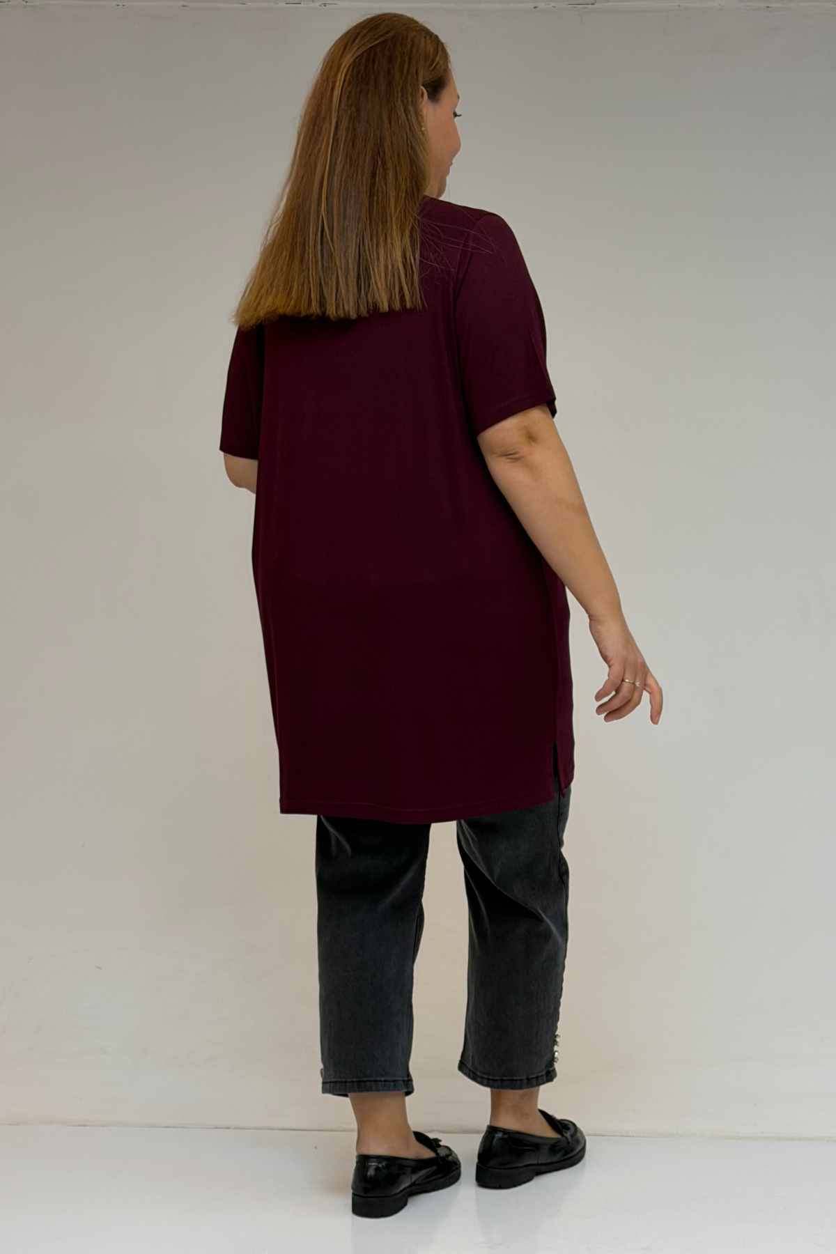 58507 Büyük Beden Yakası Biyeli Penye Tişört - Bordo